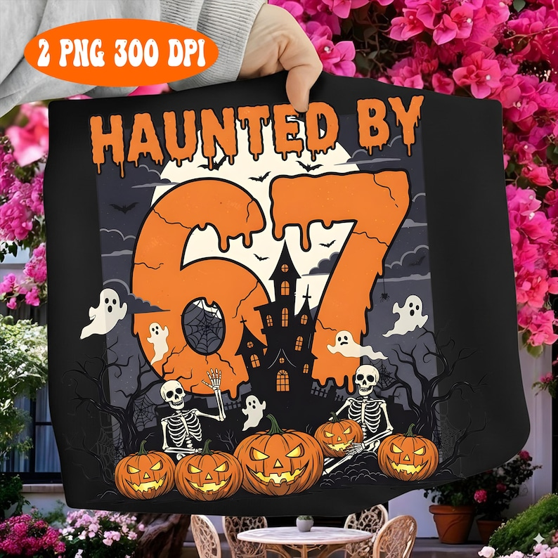 Haunted 67 Halloween Hoodie – Skeleton Hands, Haunted House, Pumpkin & Ghost Design