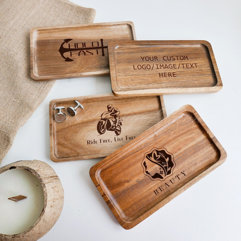 Custom Wooden Tray with Logo, Image or Text, Personalized Catchall Tray for Men, Gifts for Him, Desk Organizer, Branding Gift, Birthday Gift