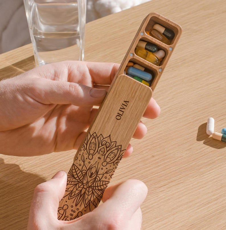 7-Day Pill Box, Wooden Pill Organizer for Purse, Small Pill Container, Birth Control Case, Pocket Organizer, Small Trinket Box