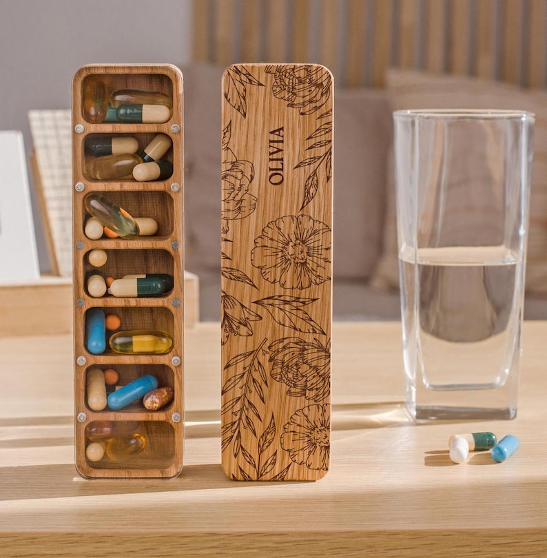 7 Day Pill Box For Purse With Custom Name, Wooden Pill And Vitamin Organizer, Birth Control Case, Small Pill Container And Trinket Box Gift