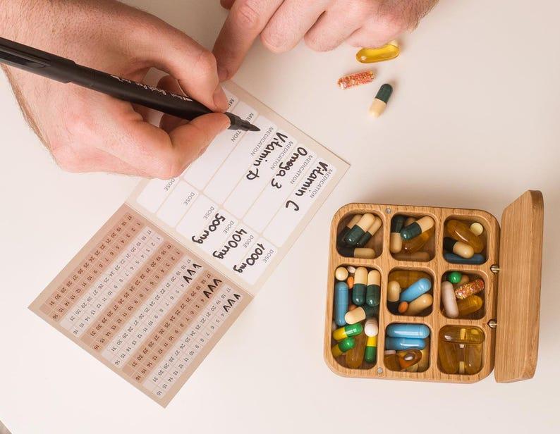 Wooden Daily Pill Box 7 Day Pill Organizer, Custom Pill Container With Medication Tracker, Weekly Pill Case, Mini Trinket Box