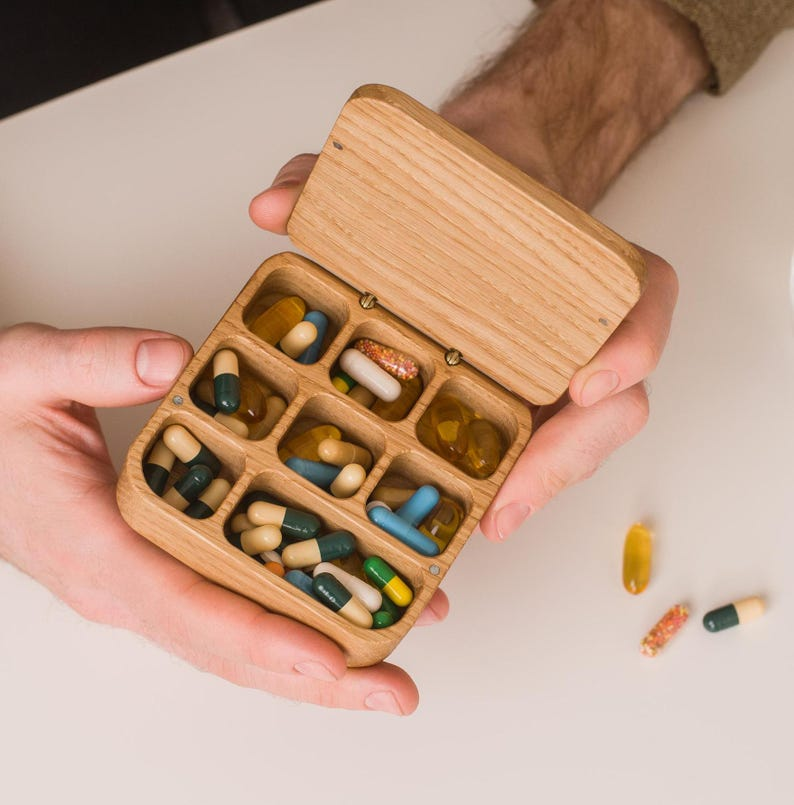Wooden Daily Pill Box 7 Day Pill Organizer, Custom Pill Container With Medication Tracker, Weekly Pill Case, Mini Trinket Box