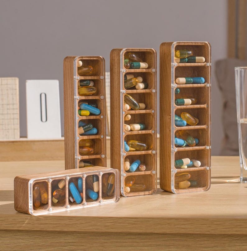 7-Day Pill Box, Wooden Pill Organizer for Purse, Small Pill Container, Birth Control Case, Pocket Organizer, Small Trinket Box