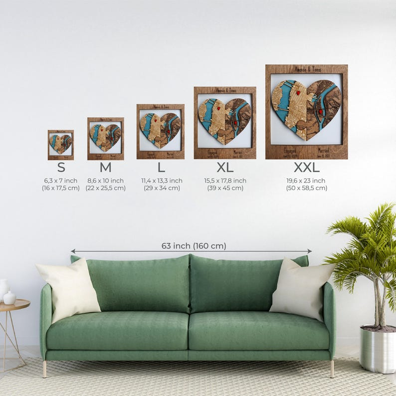 Newly Wed Gifts, Two Locations Heart Puzzle Map Wooden Framed Wall Art, Personalized Wedding Gifts for Couple, 5th Anniversary Gift for Wife