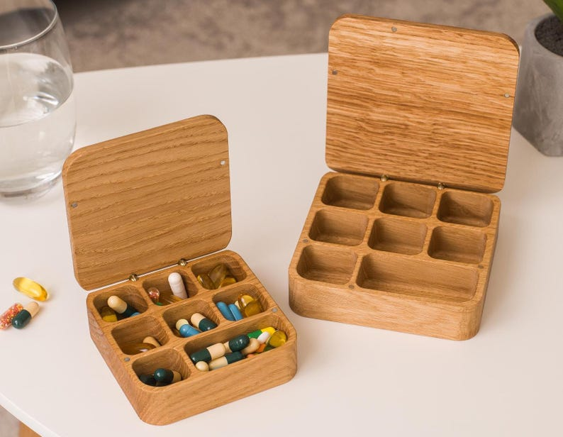 Wooden Daily Pill Box 7 Day Pill Organizer, Custom Pill Container With Medication Tracker, Weekly Pill Case, Mini Trinket Box