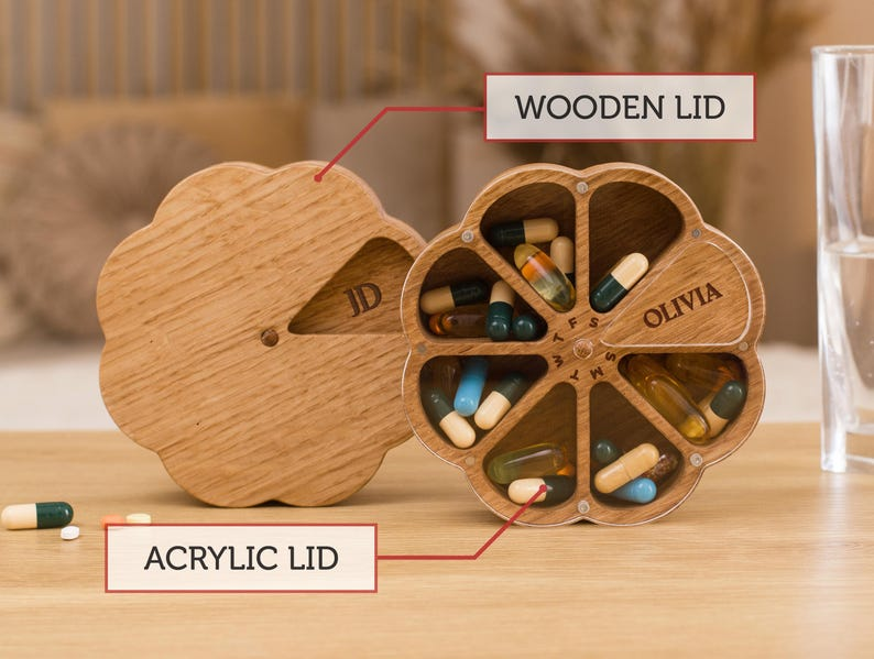 Wooden Pill Case 7 Day, Daily Pill Organizer, Pill Container, Weekly Pill Box, Vitamin Organizer
