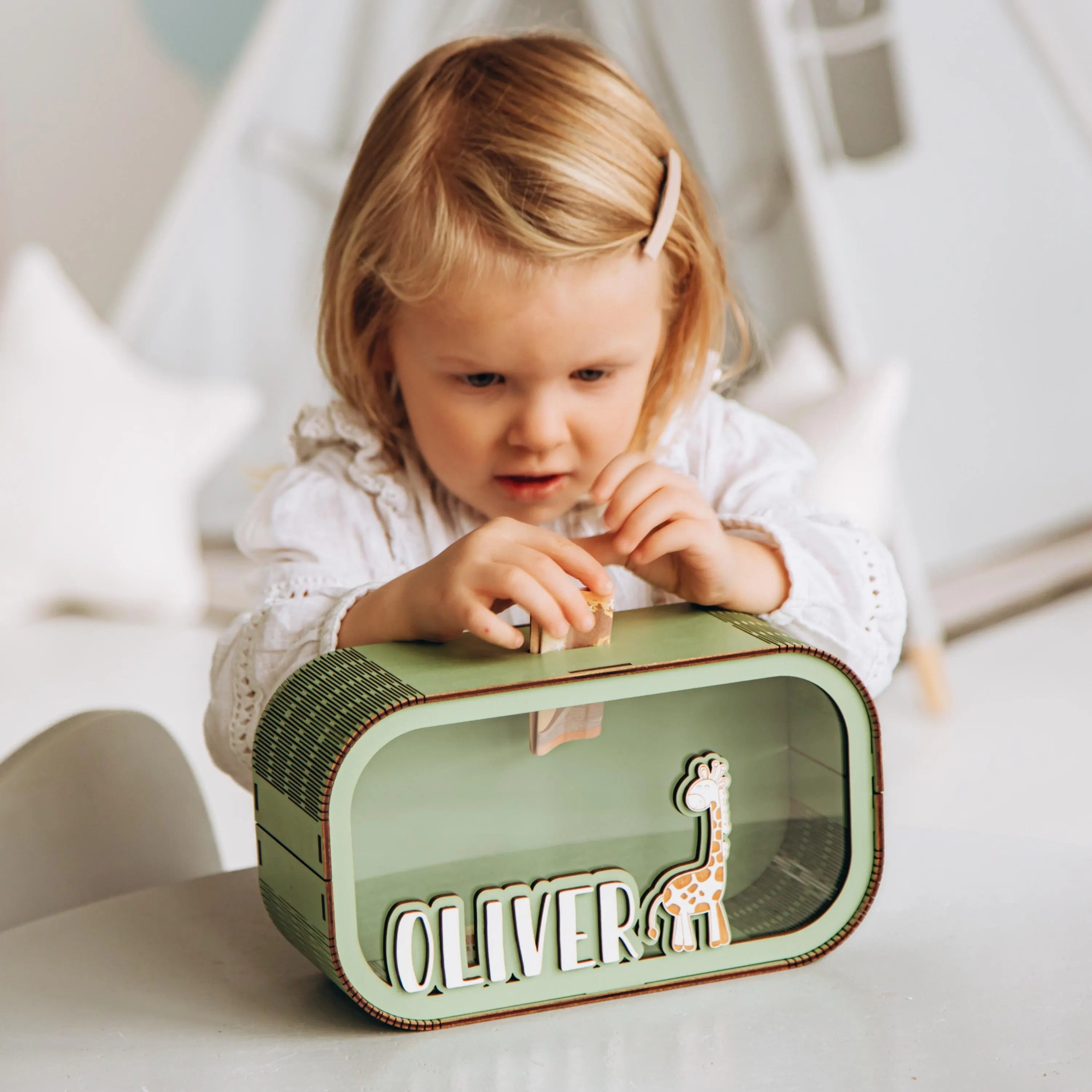 Personalized Wooden Piggy Bank: Montessori Savings Box for Kids
