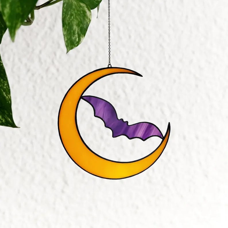 Stained Glass Bat and Moon Suncatcher. Perfect Halloween Decor for Spooky Season. Add Gothic Charm to Your Home or Garden Display.