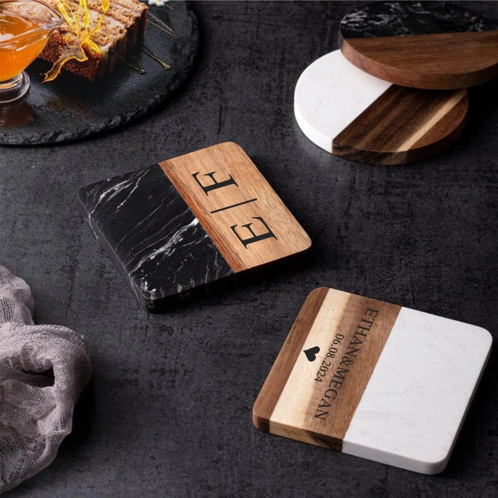 Marble and Wood Coasters Personalized Housewarming Gift, Realtor Closing Gift, Custom Coasters Set With Holder, Wedding Gift for Couple
