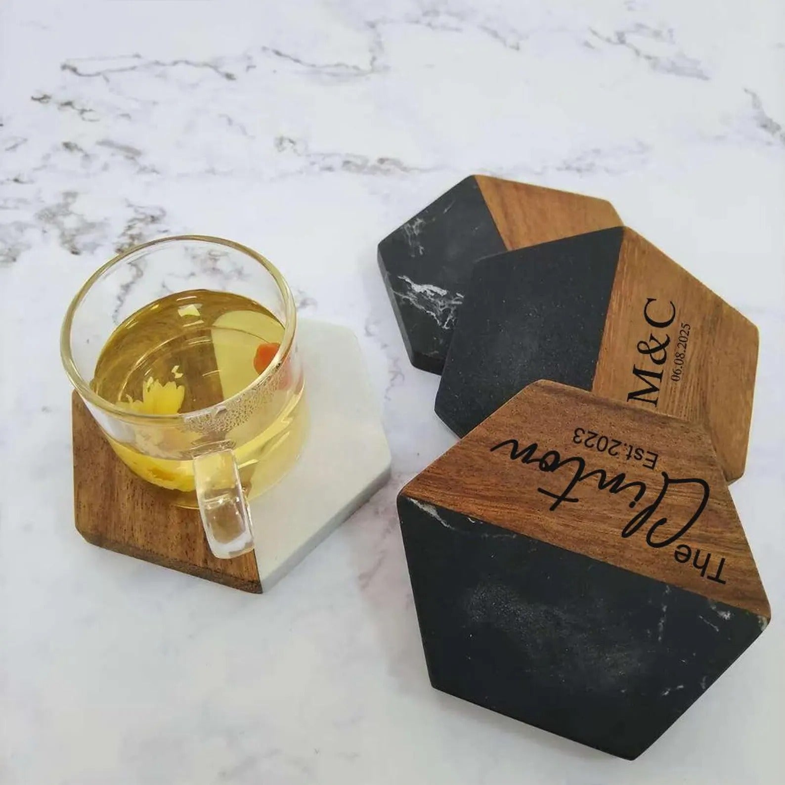 Marble and Wood Coasters Personalized Housewarming Gift, Realtor Closing Gift, Custom Coasters Set With Holder, Wedding Gift for Couple