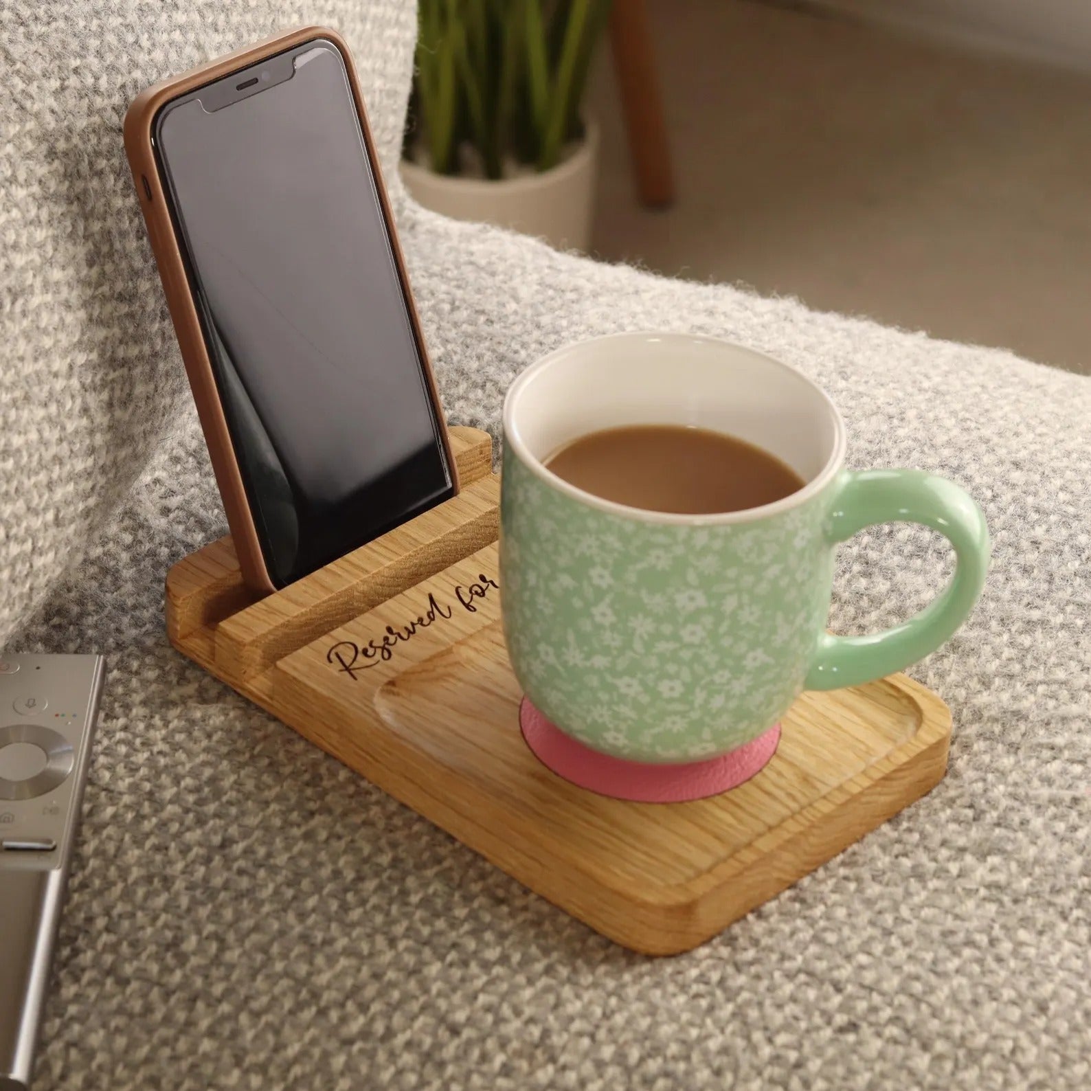 Sofa Coaster Tray and Phone Stand in Solid Oak