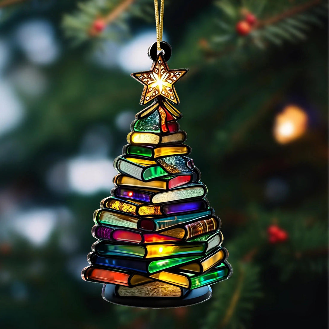 Acrylic Book Christmas Tree Suncatcher, Colorful Stained Glass-Style Ornament with Rainbow Books, Unique Holiday & Home Decor