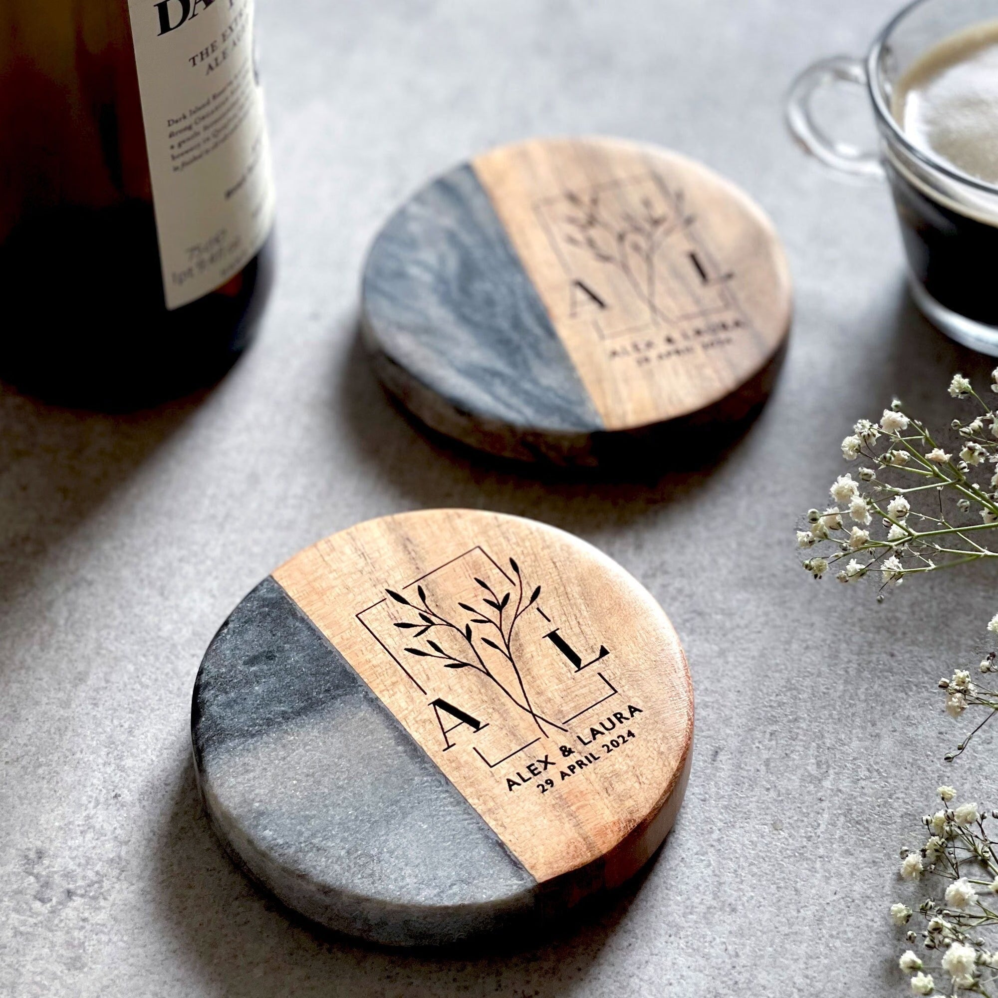 Pair of Personalised Marble & Wood Coasters and Gift Box | Personalized Wedding, Engagement, New Home or 5th Anniversary Gift