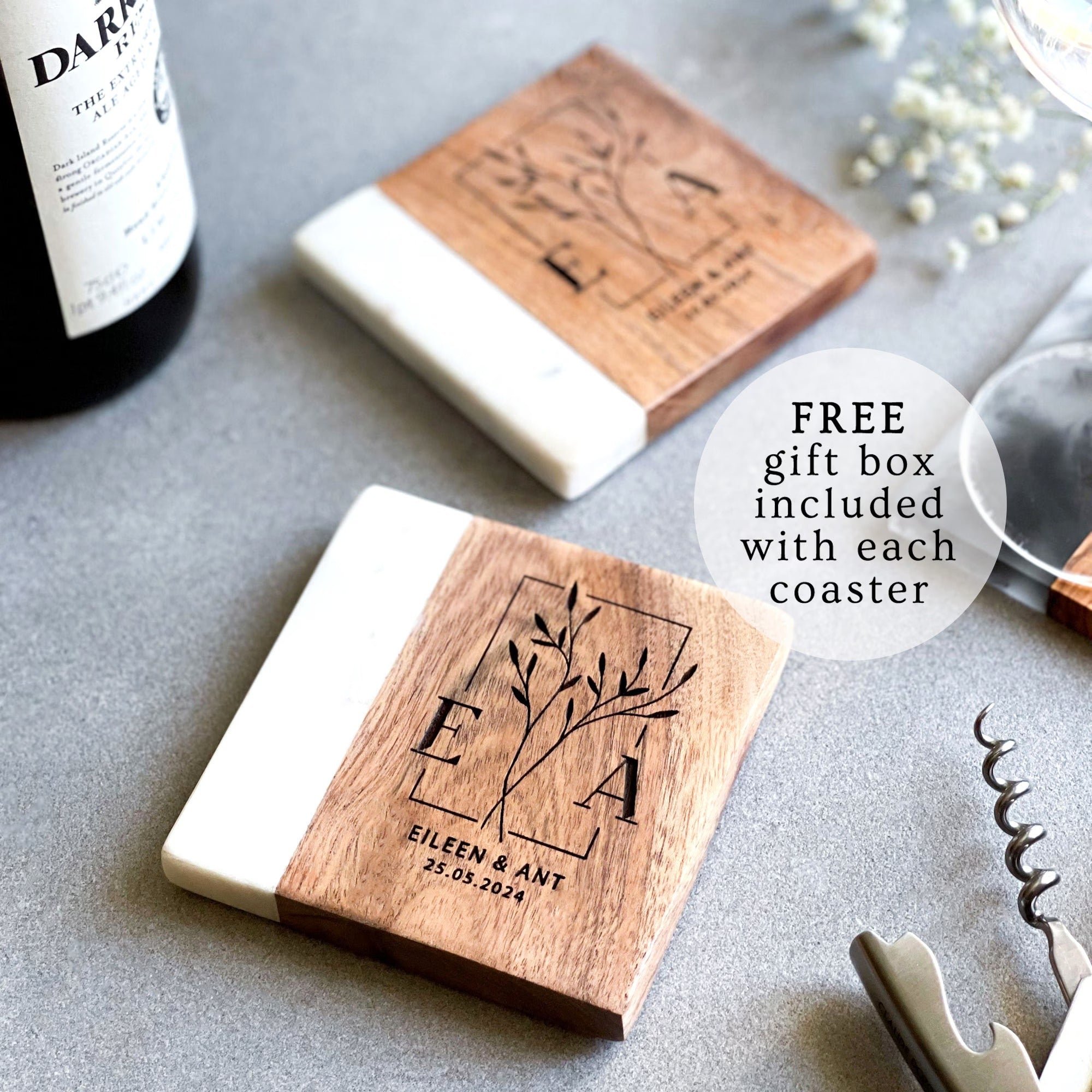 Pair of Personalised Marble & Wood Coasters and Gift Box | Personalized Wedding, Engagement, New Home or 5th Anniversary Gift