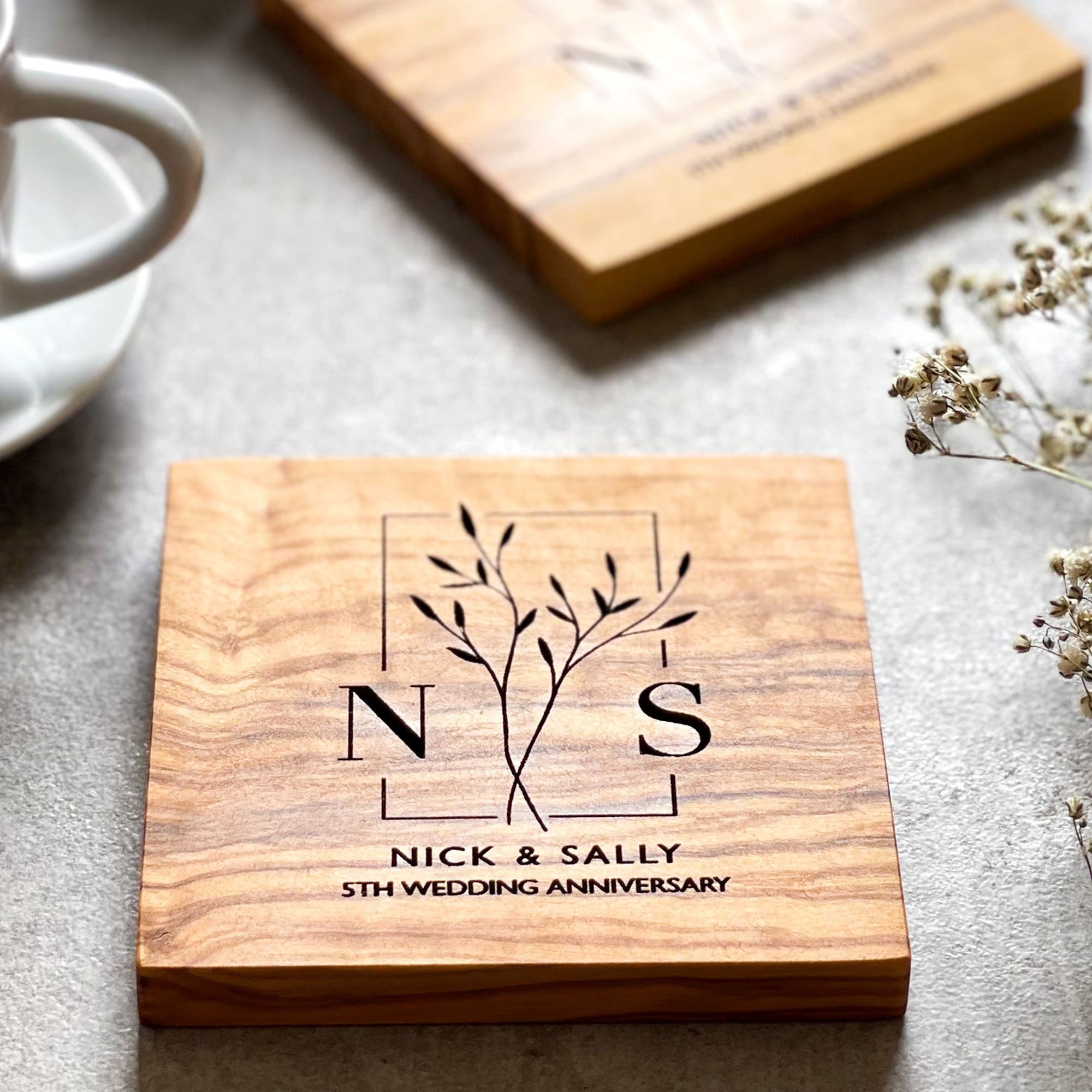 Pair of Personalised Marble & Wood Coasters and Gift Box | Personalized Wedding, Engagement, New Home or 5th Anniversary Gift
