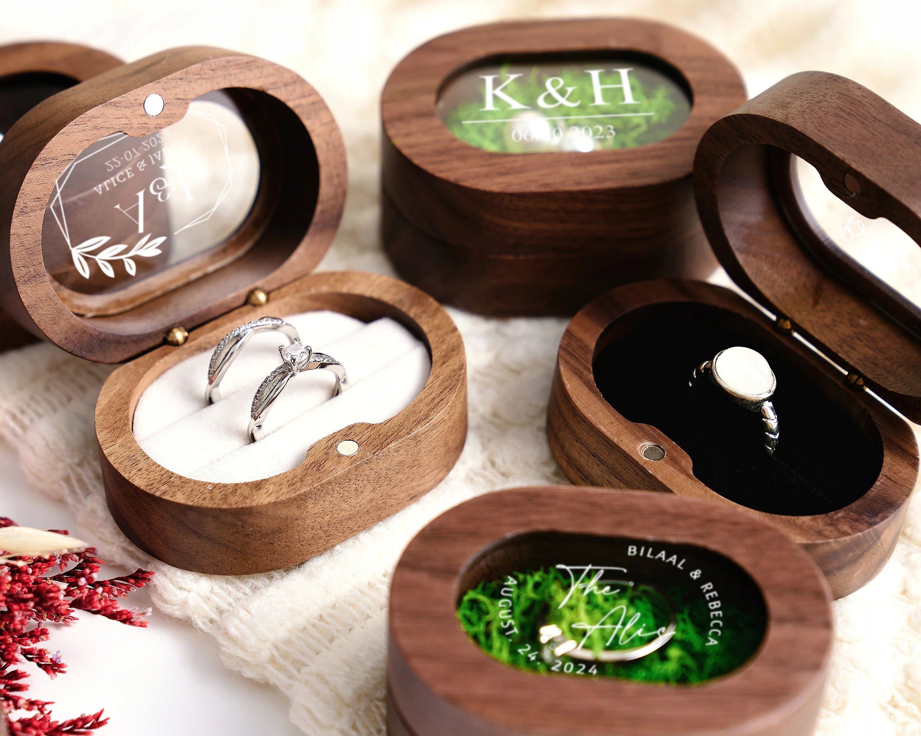 Custom Wooden Wedding Ceremony Ring Box, Clear Acrylic Cover, Personalized Engraved Engagement Proposal Holder, Bridal Gift For Her