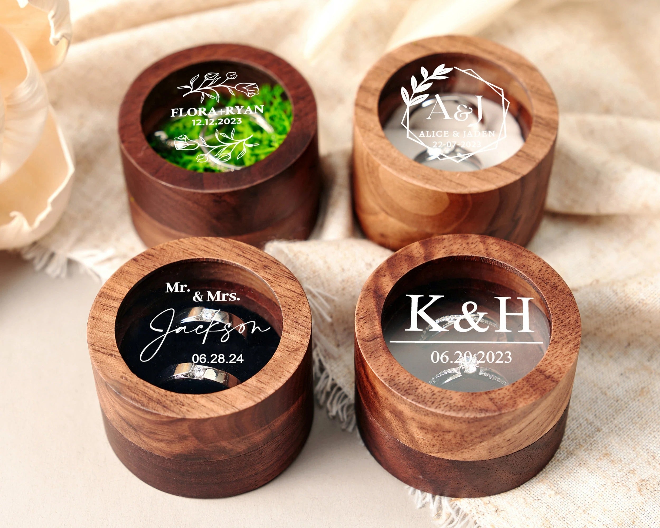 Custom Wooden Wedding Ceremony Round Ring Box, Clear Acrylic Cover, Personalized Engraved Engagement Proposal Holder, Bridal Gift For Her