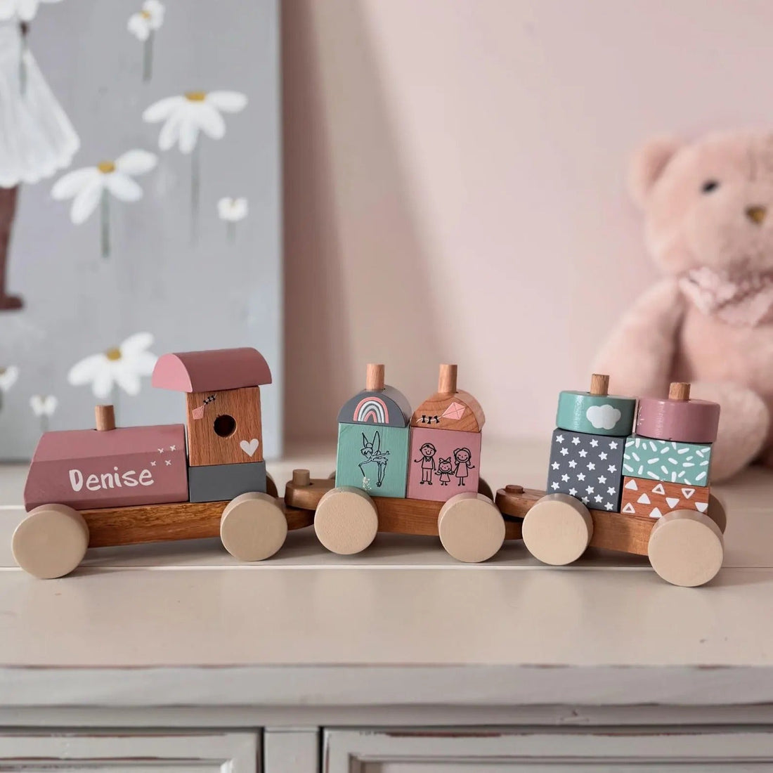 Personalized Montessori Wooden Train: Eco-Friendly Baby Keepsake