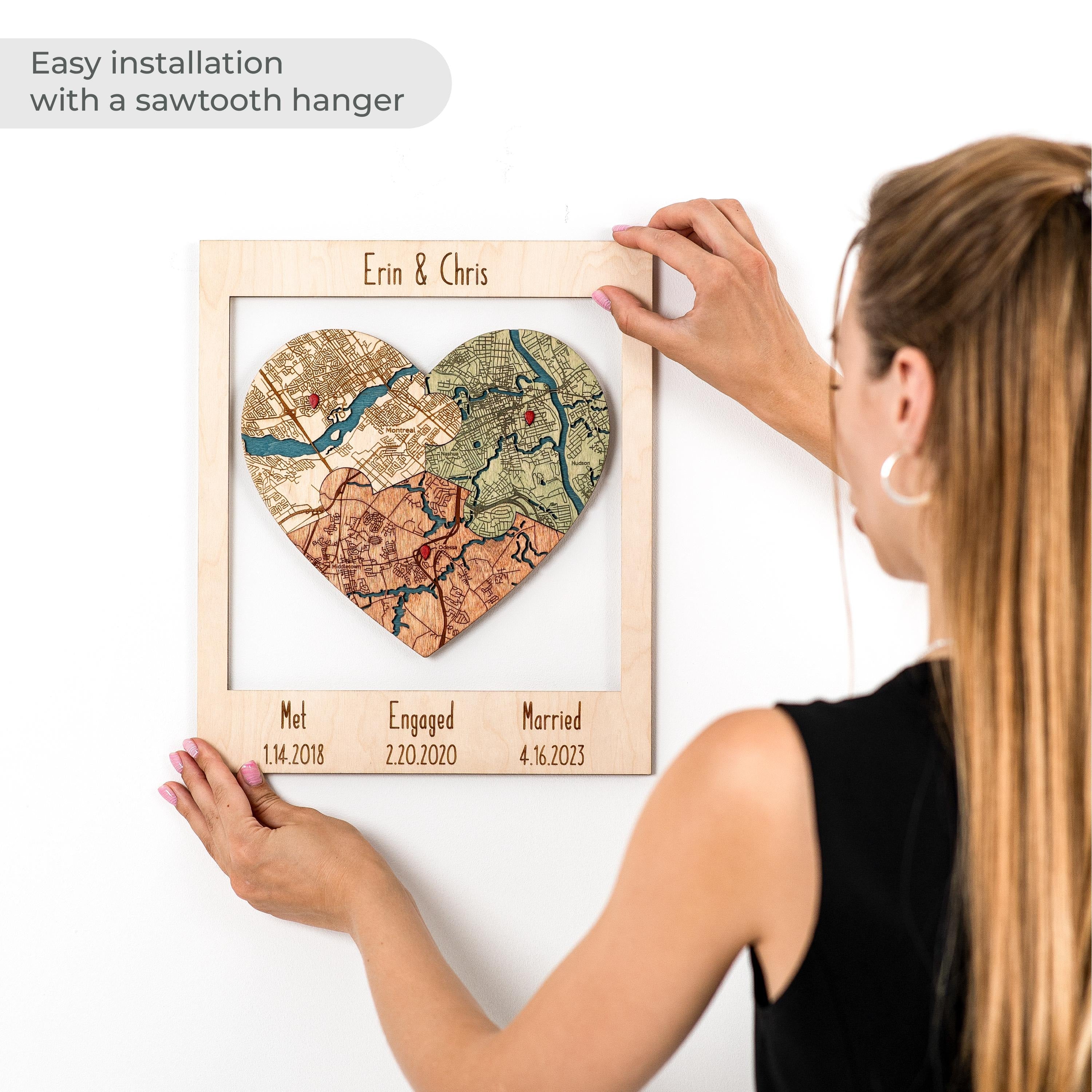 Met Engaged Married Wooden Map, Three Locations Heart Puzzle Map, Framed Wall Decor Gift, Personalized Wedding Anniversary Gift for Couple