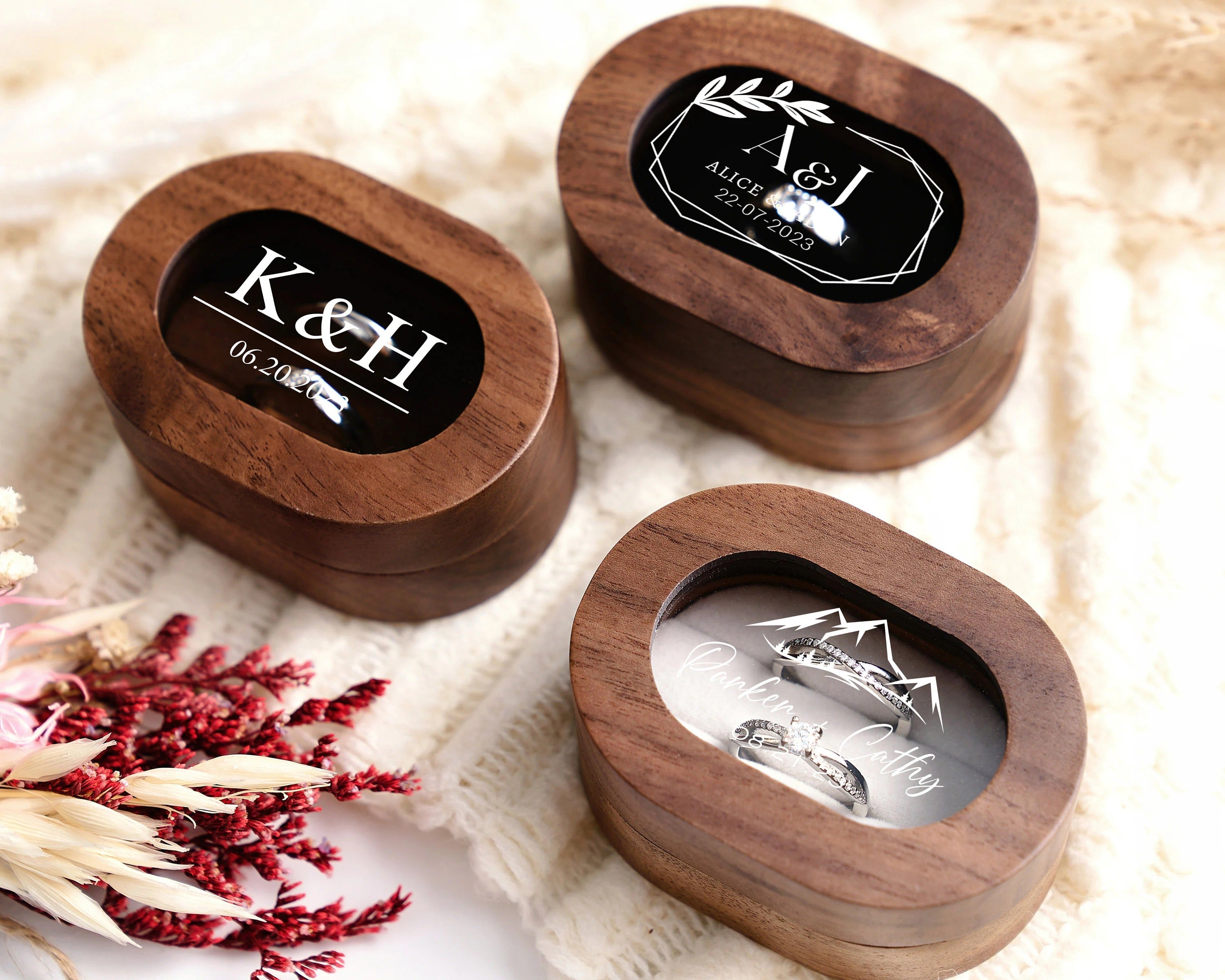 Custom Wooden Wedding Ceremony Ring Box, Clear Acrylic Cover, Personalized Engraved Engagement Proposal Holder, Bridal Gift For Her