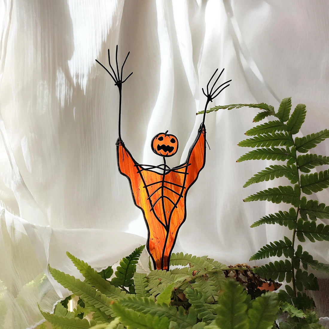 Stained Glass Scarecrow with Pumpkin Head Plant Stake Halloween Decor. Spooky Garden Decoration for Halloween Display. Unique Halloween Gift