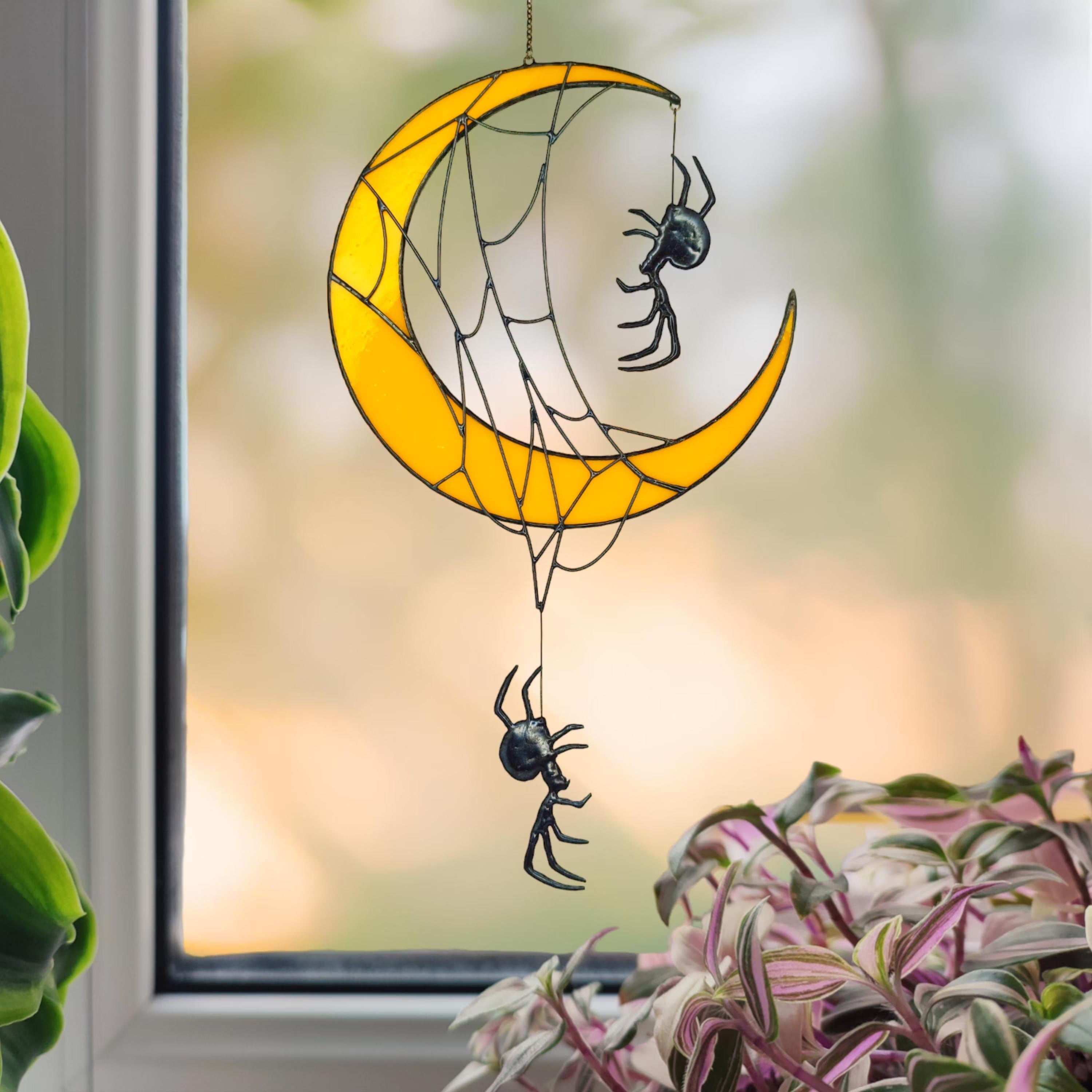 Crescent Moon Decor with Spiders. Unique Stained Glass Halloween Suncatcher for Witchy and Spooky Rooms. Crescent Moon Gift with Spider Web