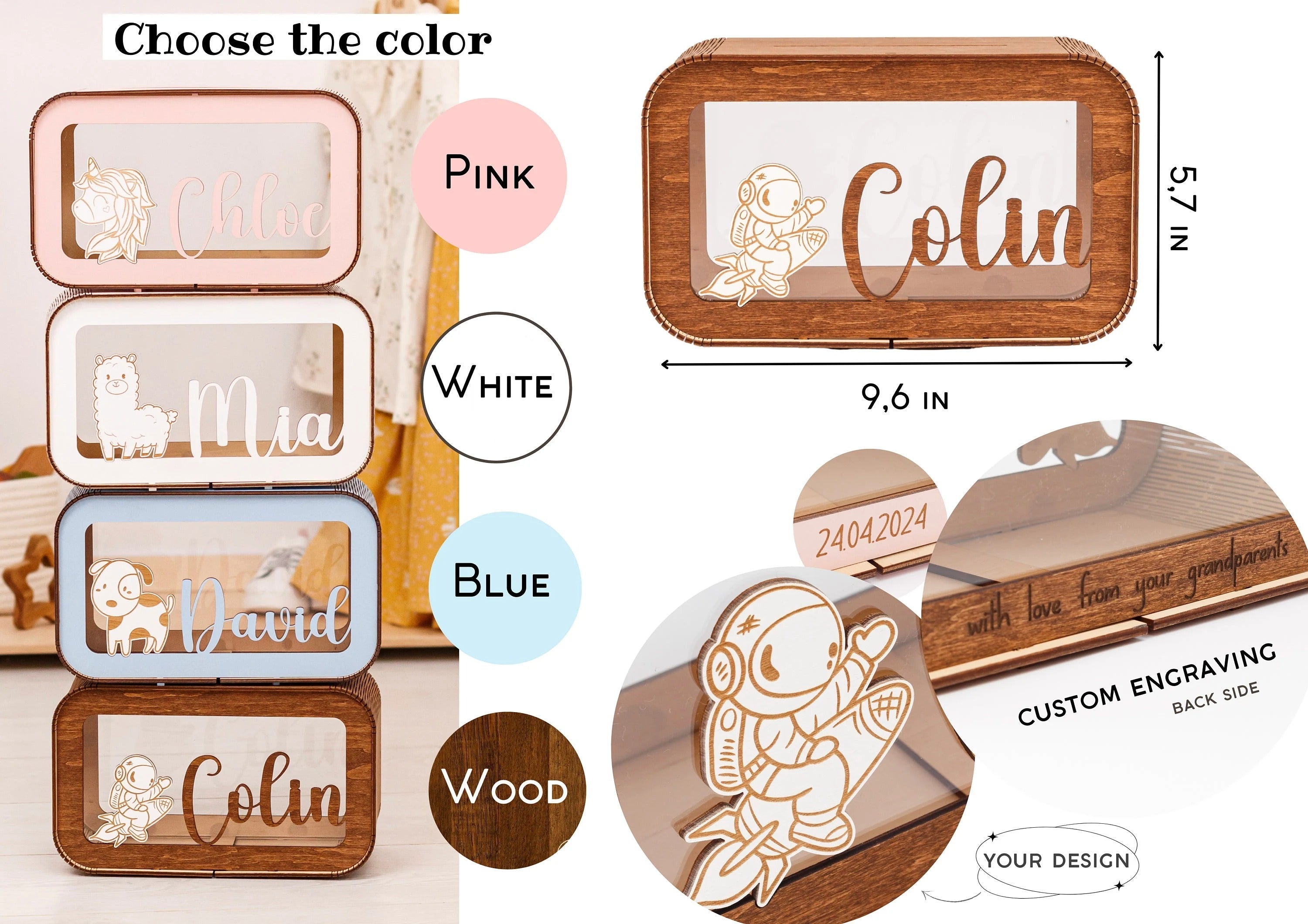 Personalized Piggy Bank for Girl, Kids Money Box with Name, Baby Girl Gift, Saving Cute Box, Wooden Piggy Bank For Child