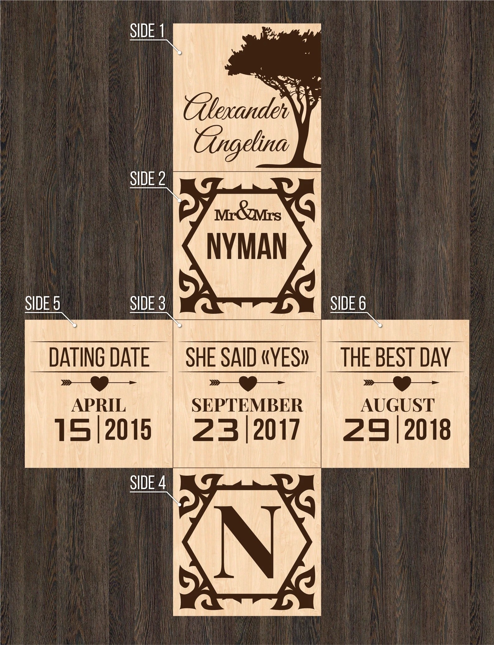 Custom Engraved Wooden Block, Anniversary Mementos, Family Story Ornament, Valentines Day Gift, Gift For New Family