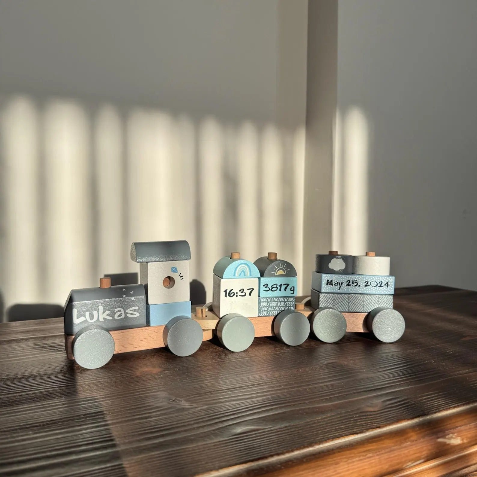 Personalized Montessori Wooden Train: Eco-Friendly Baby Keepsake