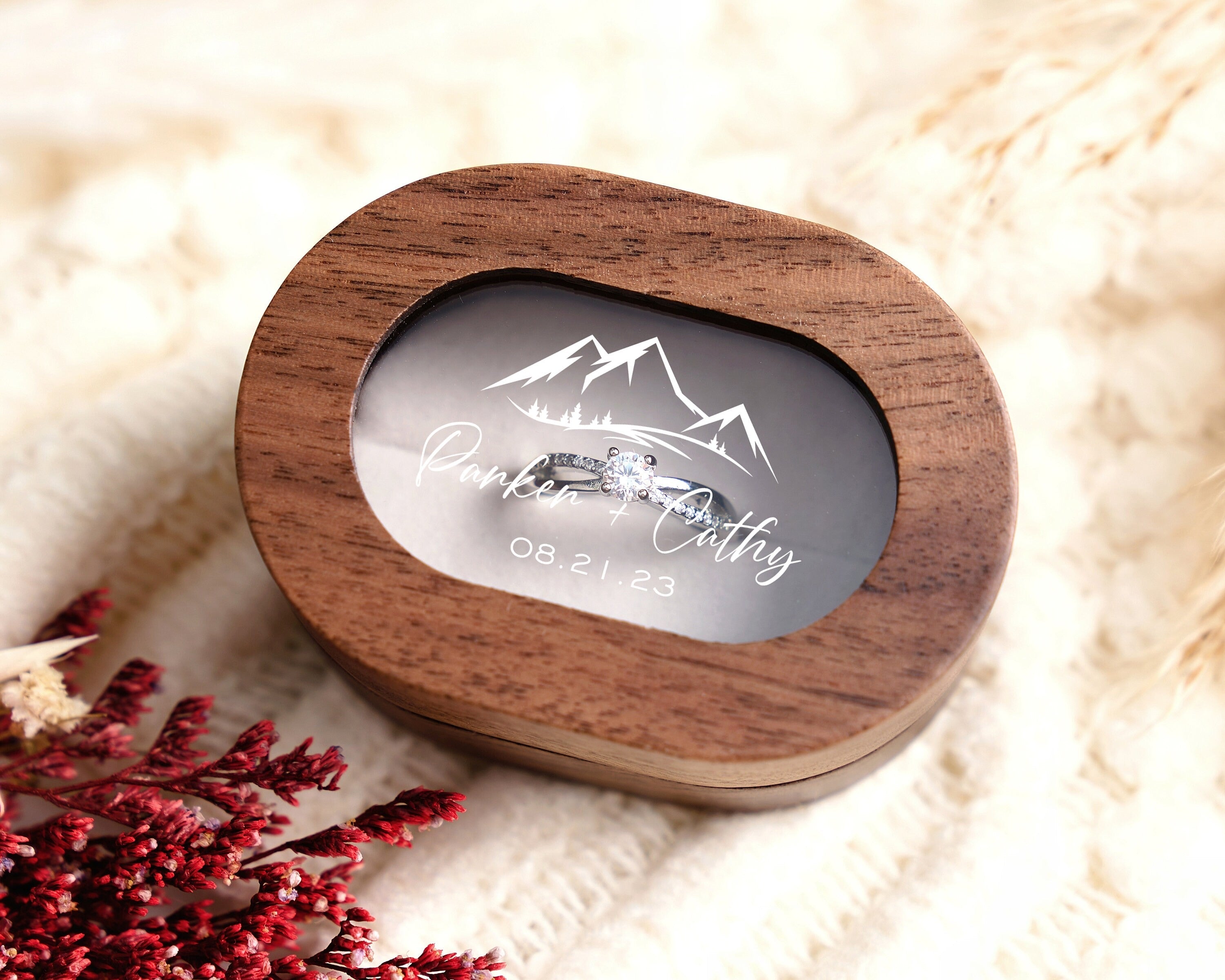 Custom Wooden Wedding Ceremony Ring Box, Clear Acrylic Cover, Personalized Engraved Engagement Proposal Holder, Bridal Gift For Her