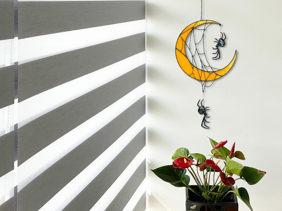 Crescent Moon Decor with Spiders. Unique Stained Glass Halloween Suncatcher for Witchy and Spooky Rooms. Crescent Moon Gift with Spider Web