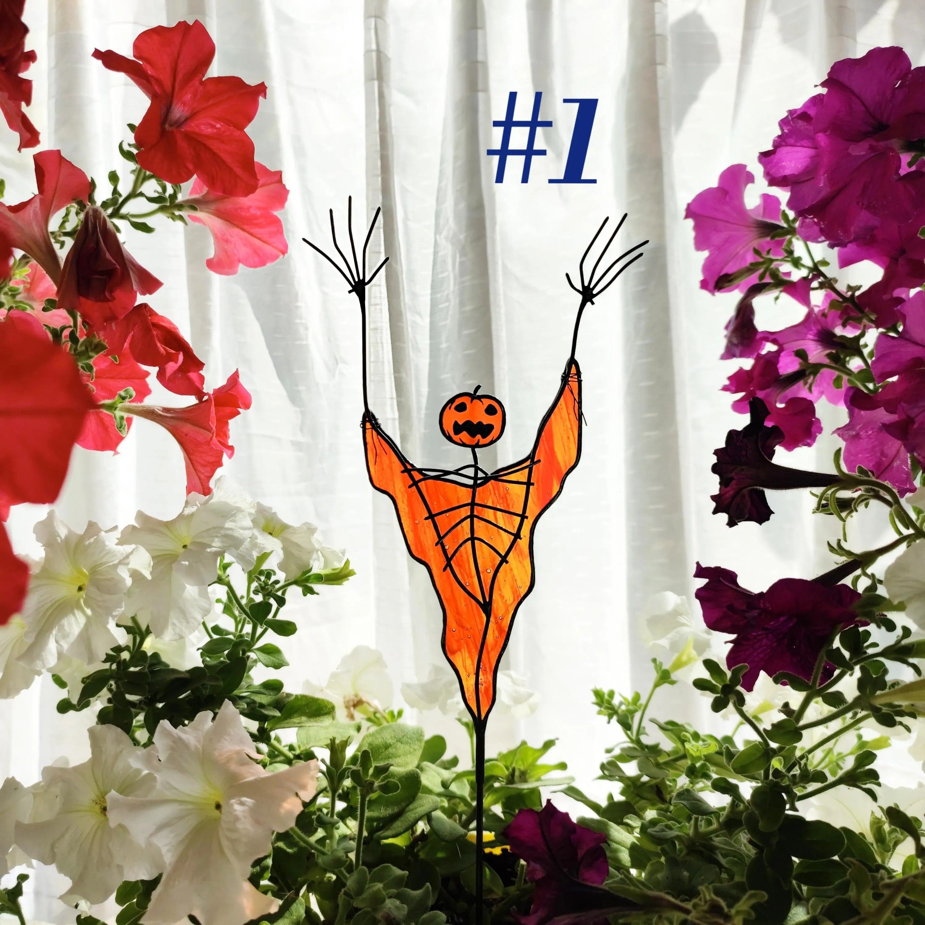 Stained Glass Scarecrow with Pumpkin Head Plant Stake Halloween Decor. Spooky Garden Decoration for Halloween Display. Unique Halloween Gift
