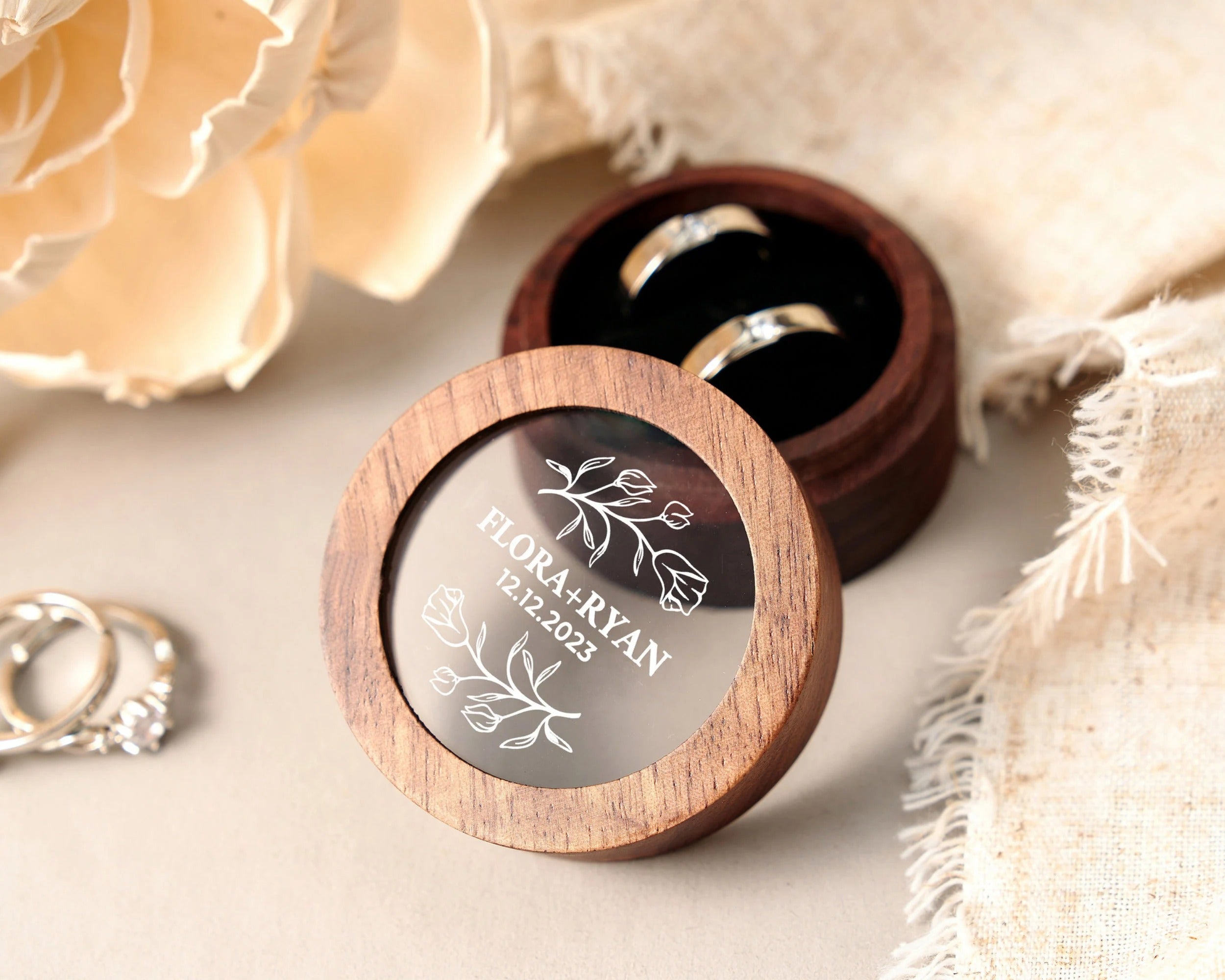 Custom Wooden Wedding Ceremony Round Ring Box, Clear Acrylic Cover, Personalized Engraved Engagement Proposal Holder, Bridal Gift For Her