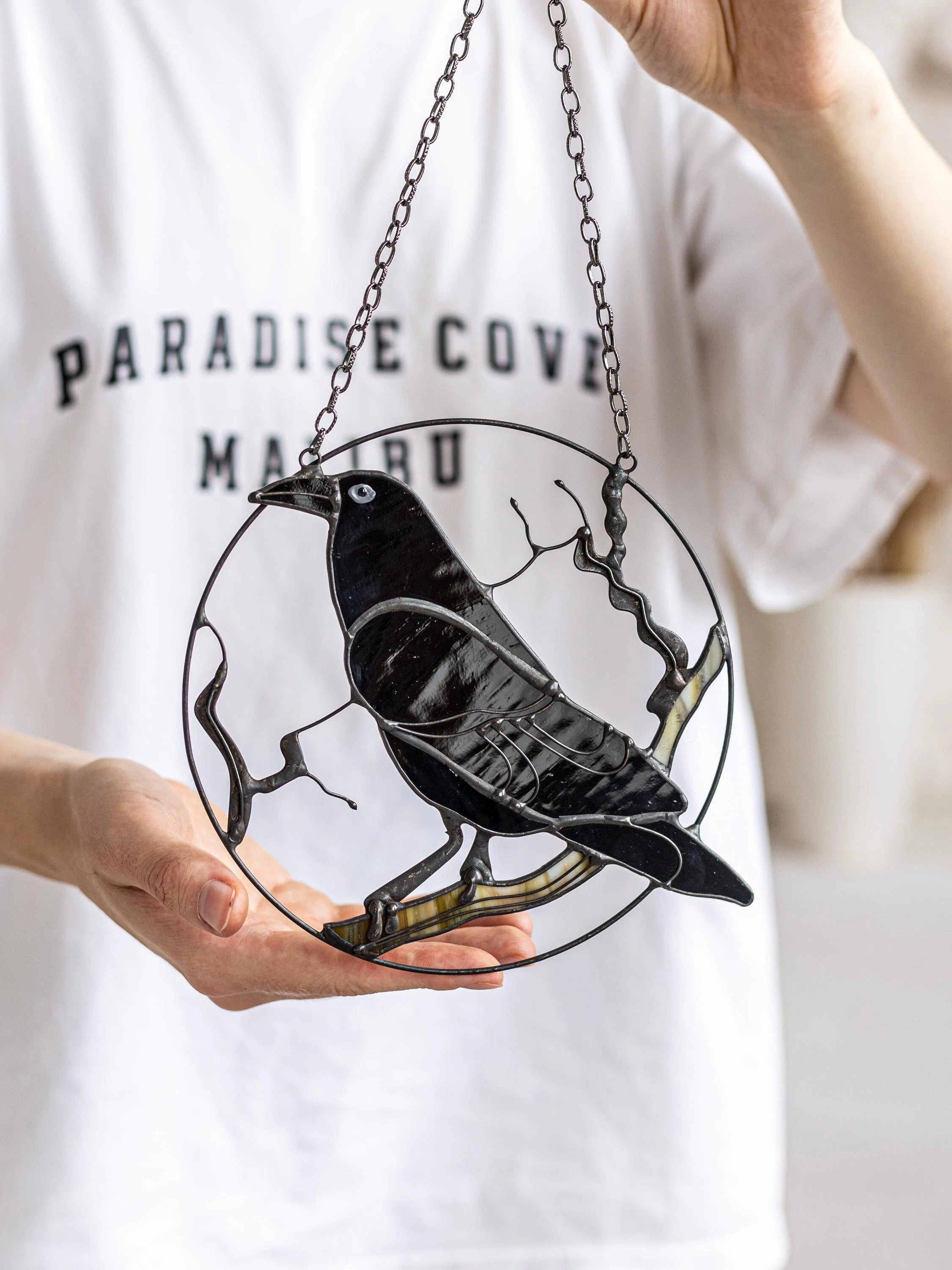 Stained Glass Black Raven Suncatcher: Gothic Window Hanging Art