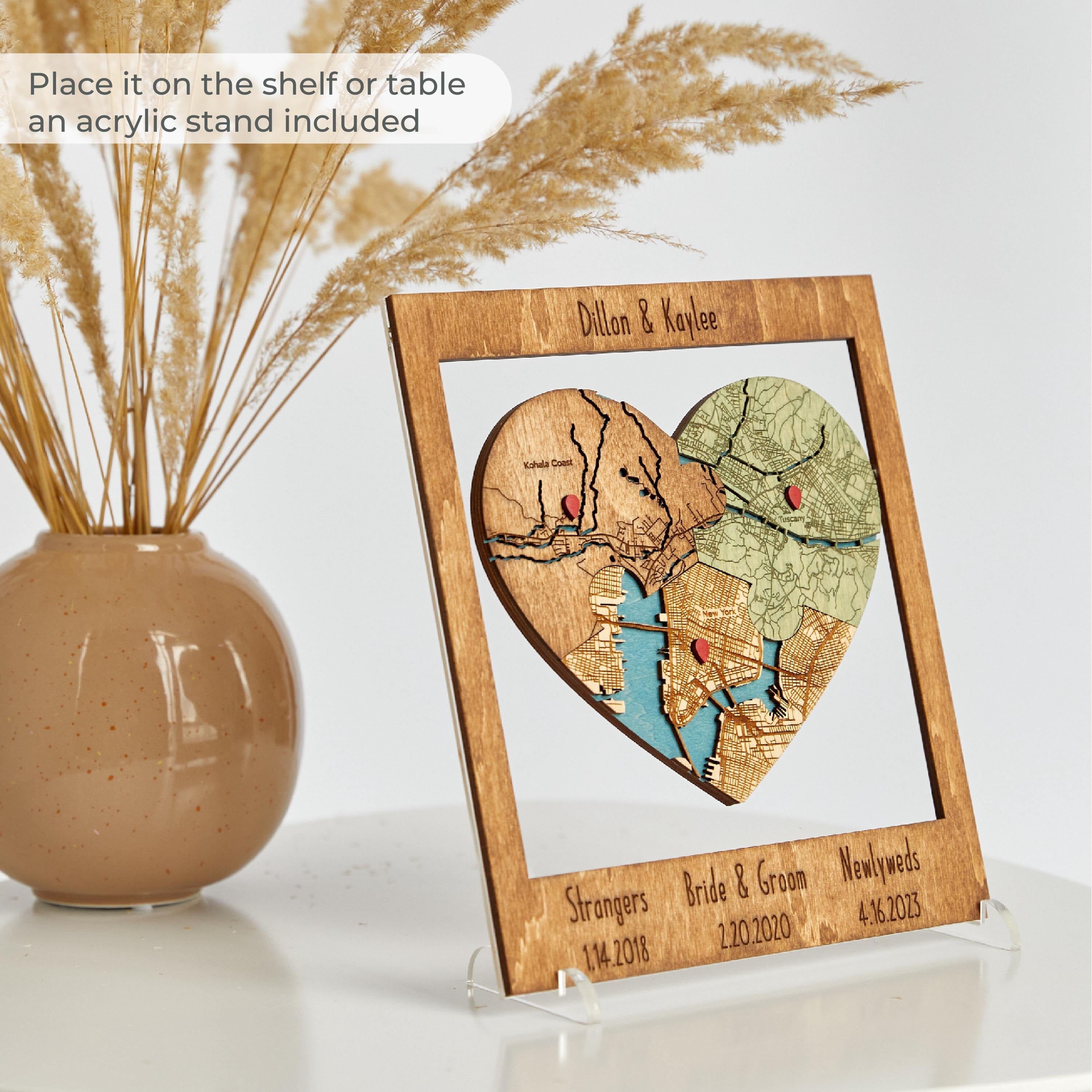 Met Engaged Married Wooden Map, Three Locations Heart Puzzle Map, Framed Wall Decor Gift, Personalized Wedding Anniversary Gift for Couple