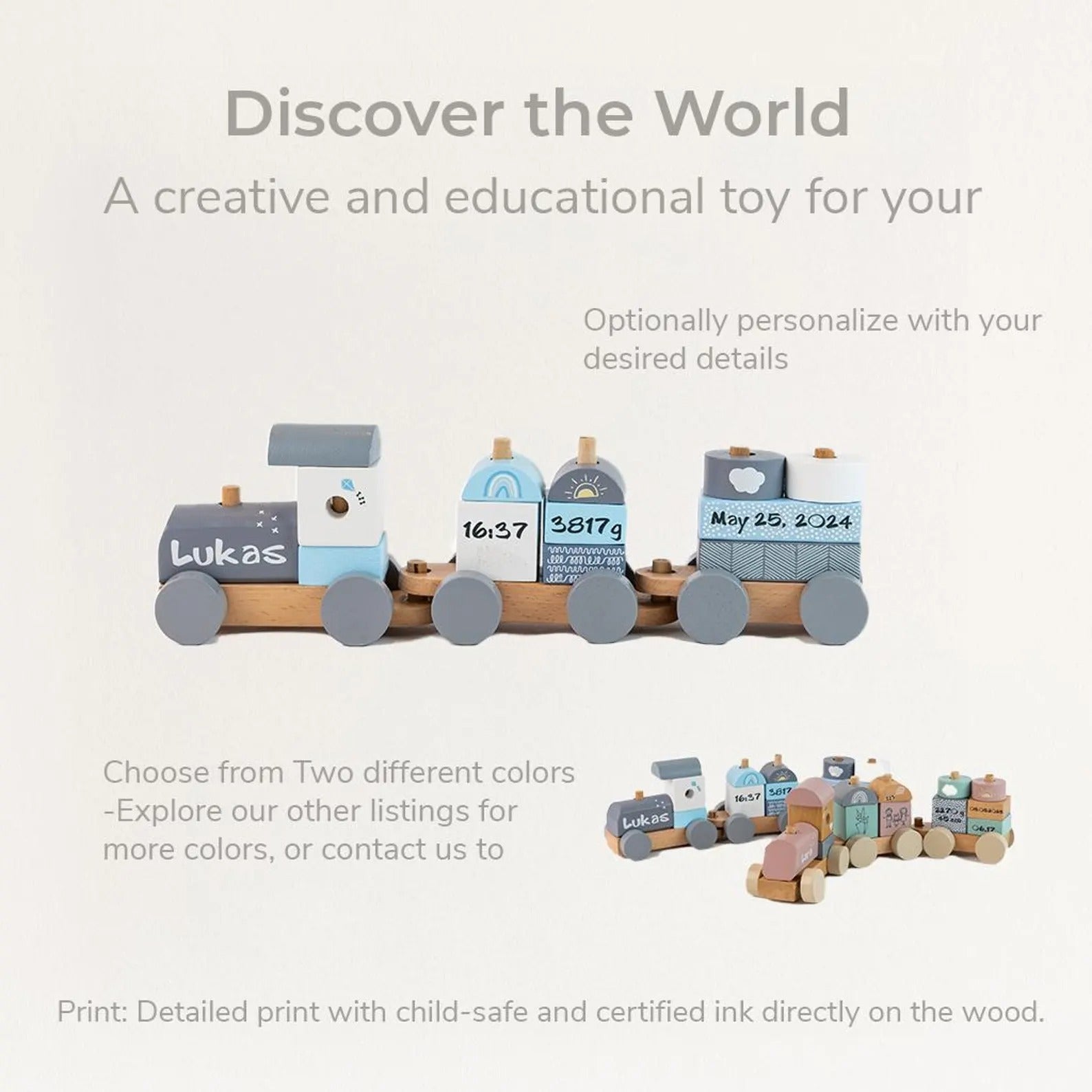 Personalized Montessori Wooden Train: Eco-Friendly Baby Keepsake