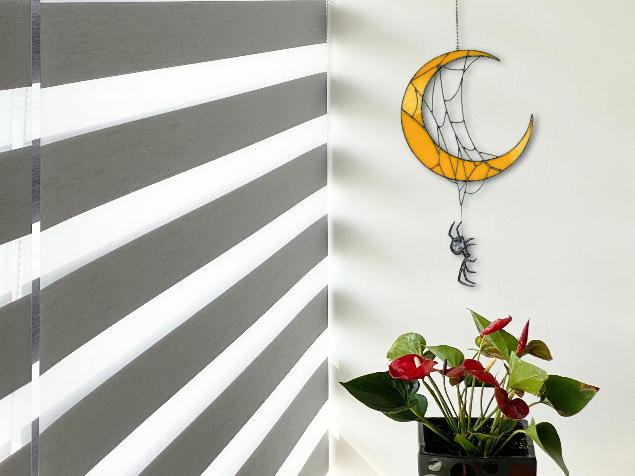 Crescent Moon Decor with Spiders. Unique Stained Glass Halloween Suncatcher for Witchy and Spooky Rooms. Crescent Moon Gift with Spider Web