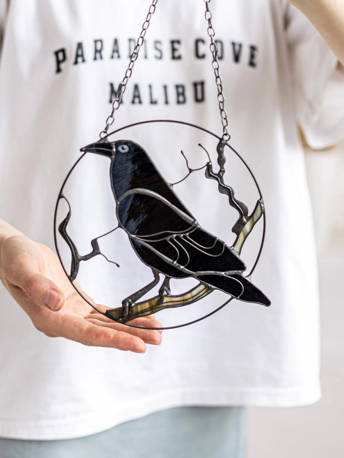 Stained Glass Black Raven Suncatcher: Gothic Window Hanging Art