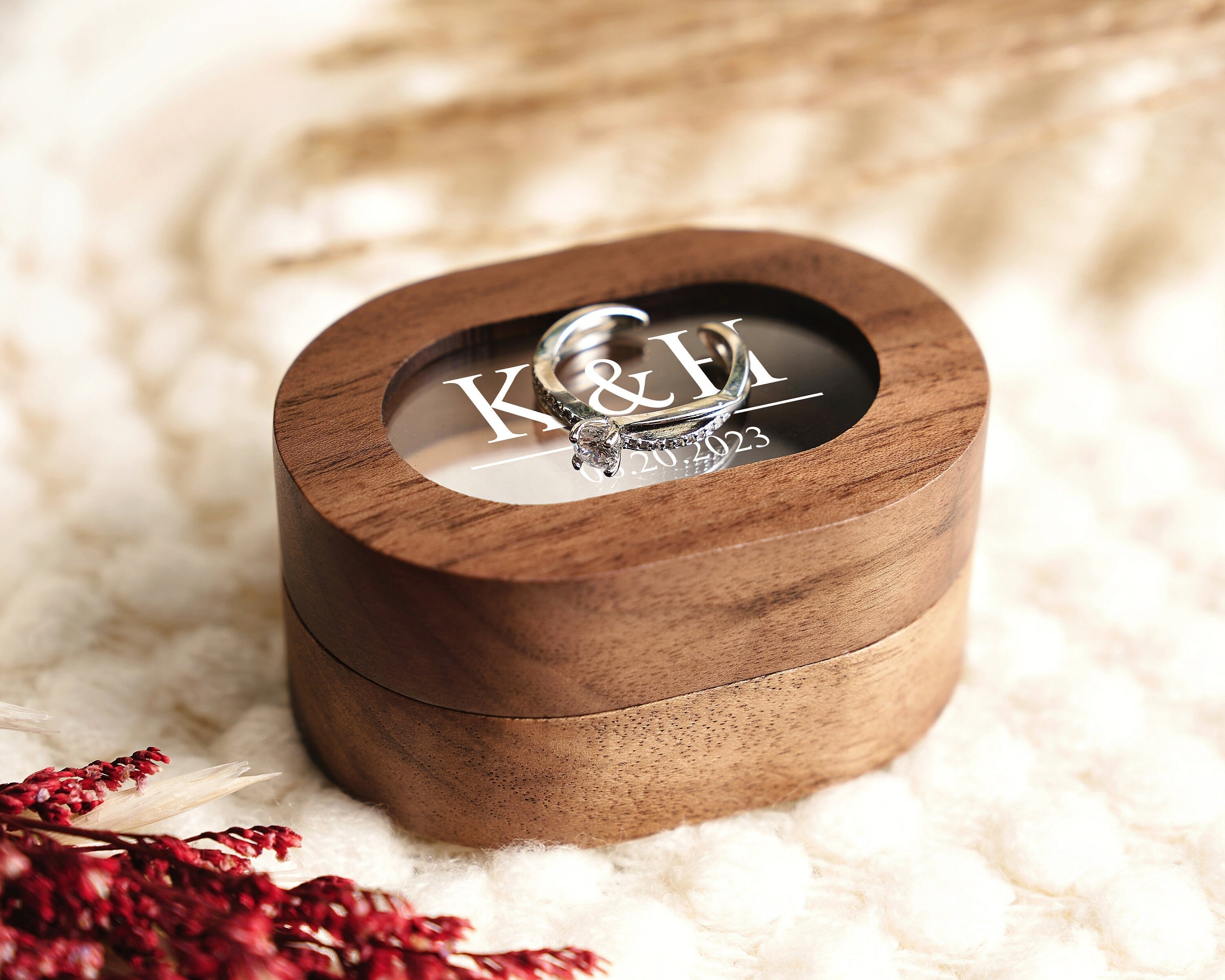 Custom Wooden Wedding Ceremony Ring Box, Clear Acrylic Cover, Personalized Engraved Engagement Proposal Holder, Bridal Gift For Her