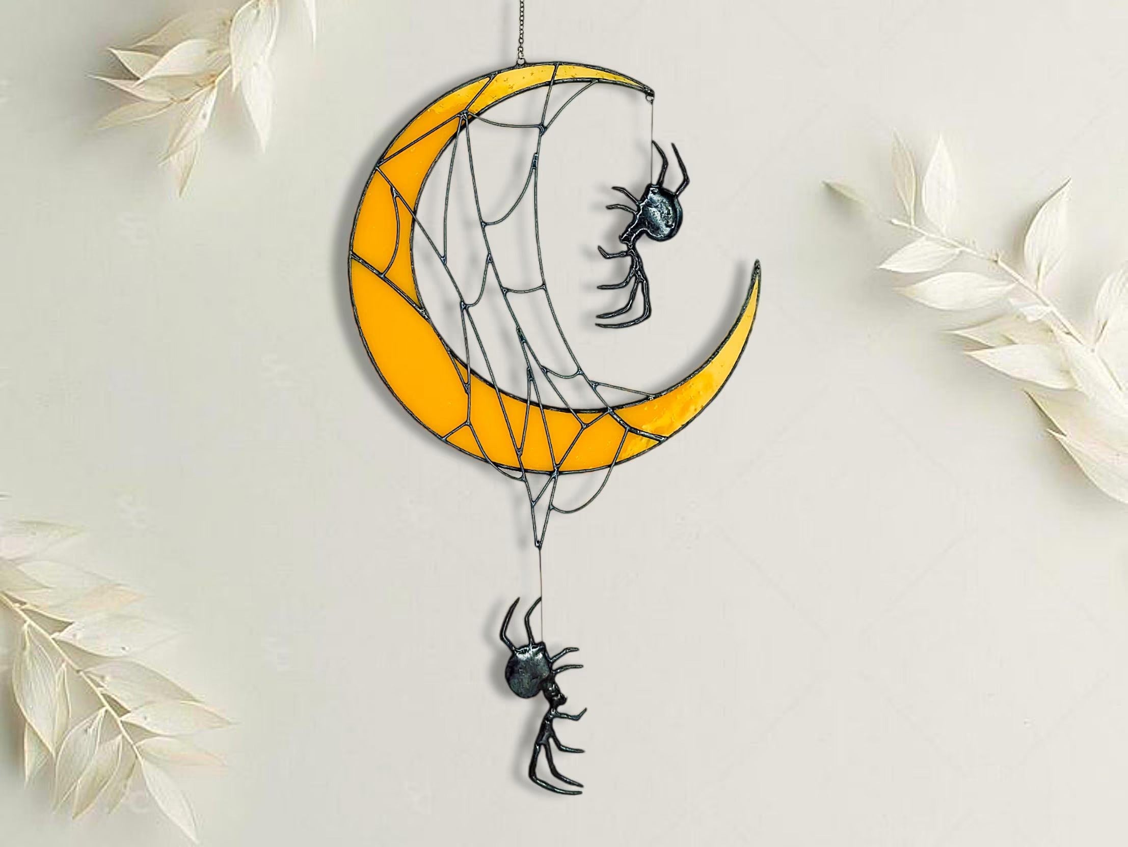 Crescent Moon Decor with Spiders. Unique Stained Glass Halloween Suncatcher for Witchy and Spooky Rooms. Crescent Moon Gift with Spider Web