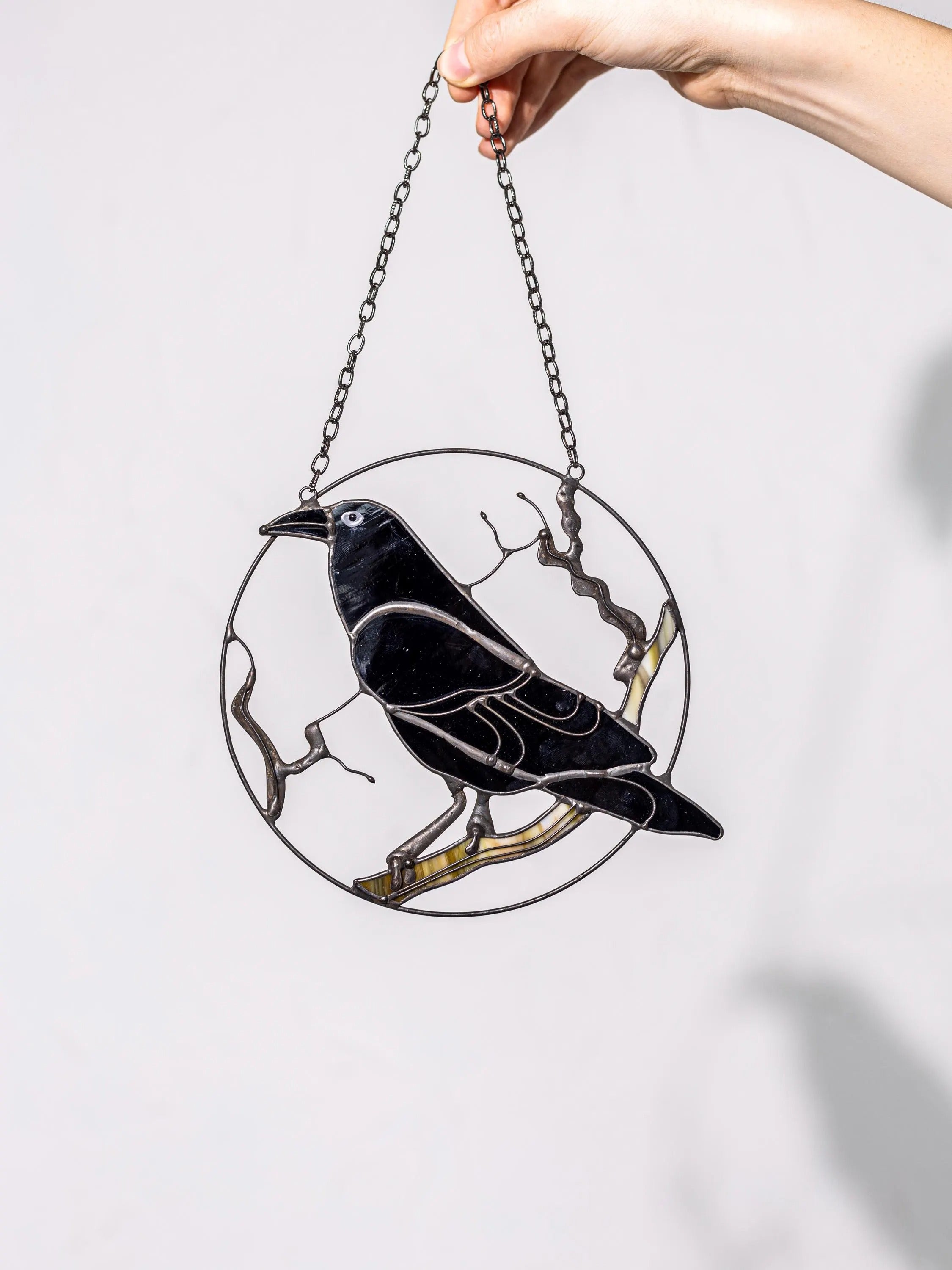 Stained Glass Black Raven Suncatcher: Gothic Window Hanging Art
