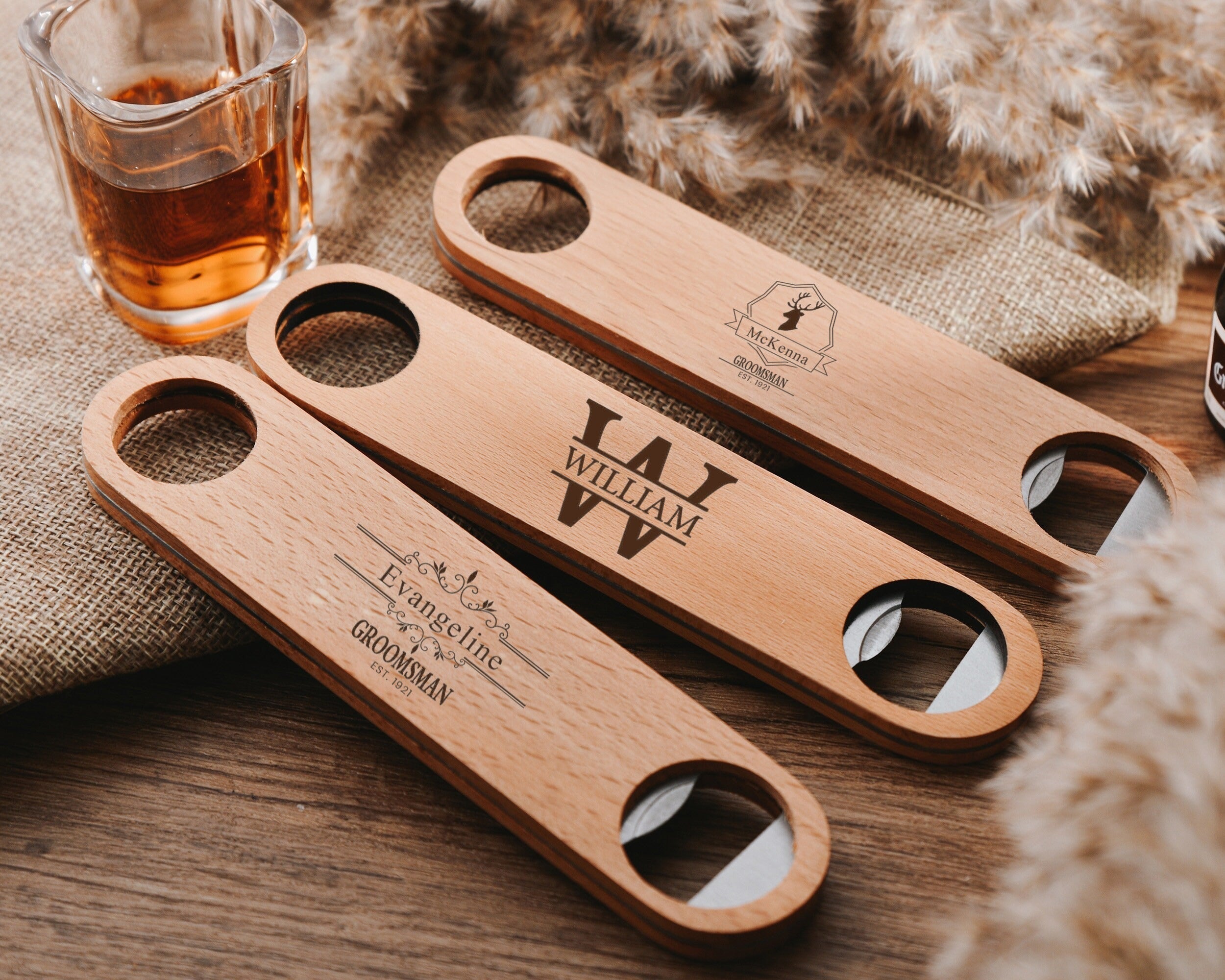 Unique Engraved Flat Bar Style Speed Bottle Opener, Groomsmen Proposal, Customizable Wooden Bottle Opener