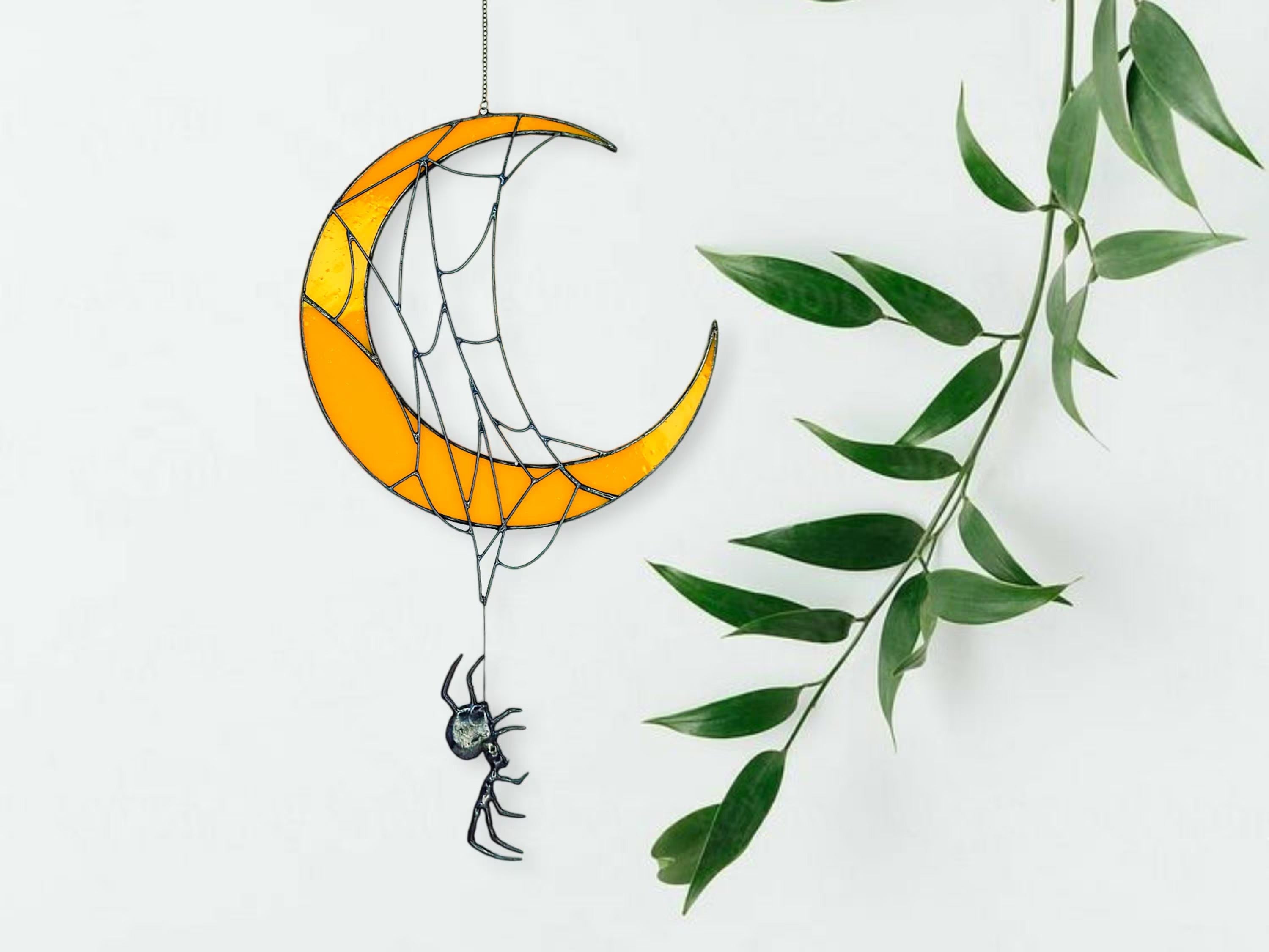Crescent Moon Decor with Spiders. Unique Stained Glass Halloween Suncatcher for Witchy and Spooky Rooms. Crescent Moon Gift with Spider Web