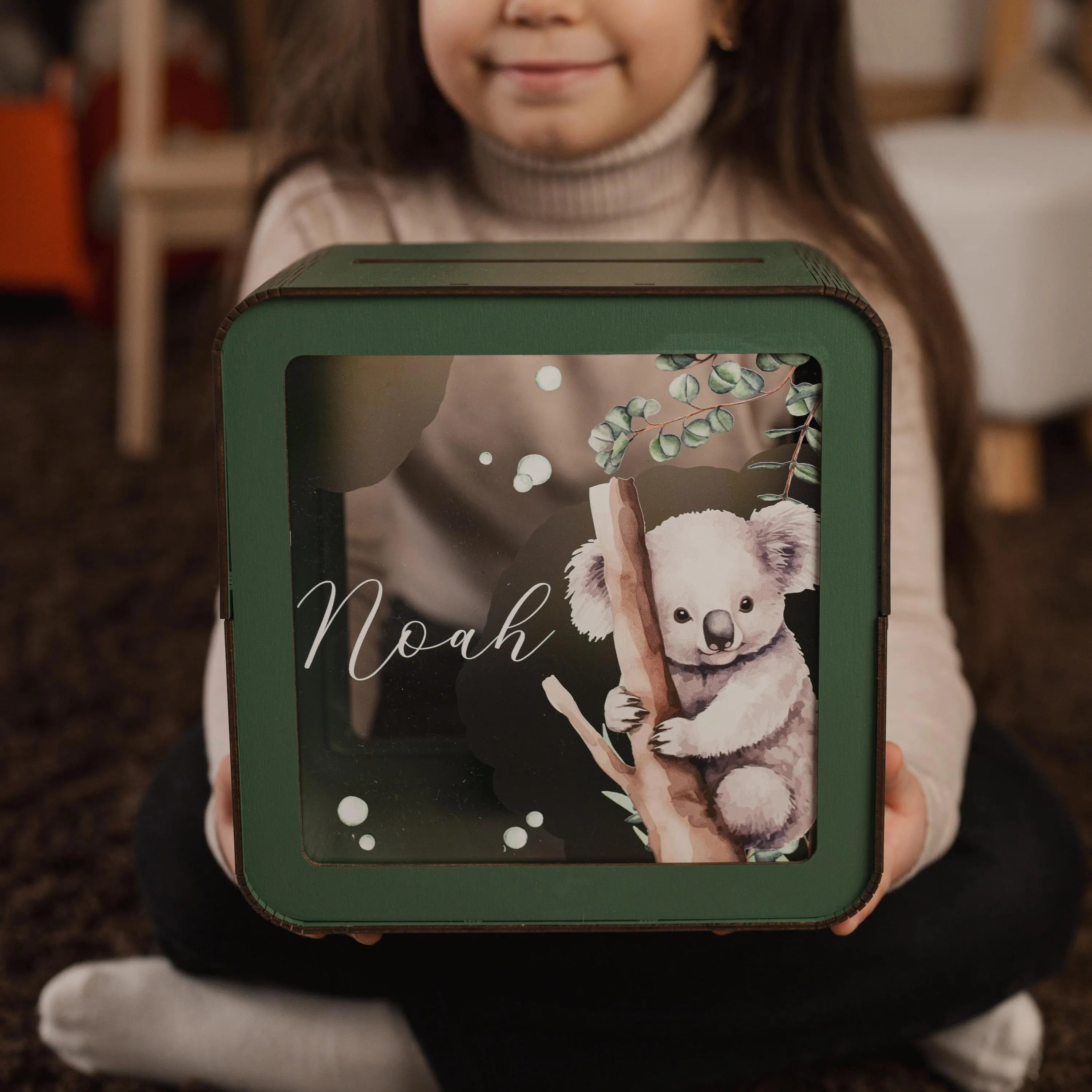 Personalized Large Wooden Piggy Bank for Kids, Custom Name Gift for Toddler, Acrylic Glass Coin Bank, Unique Birthday Gift for Kid