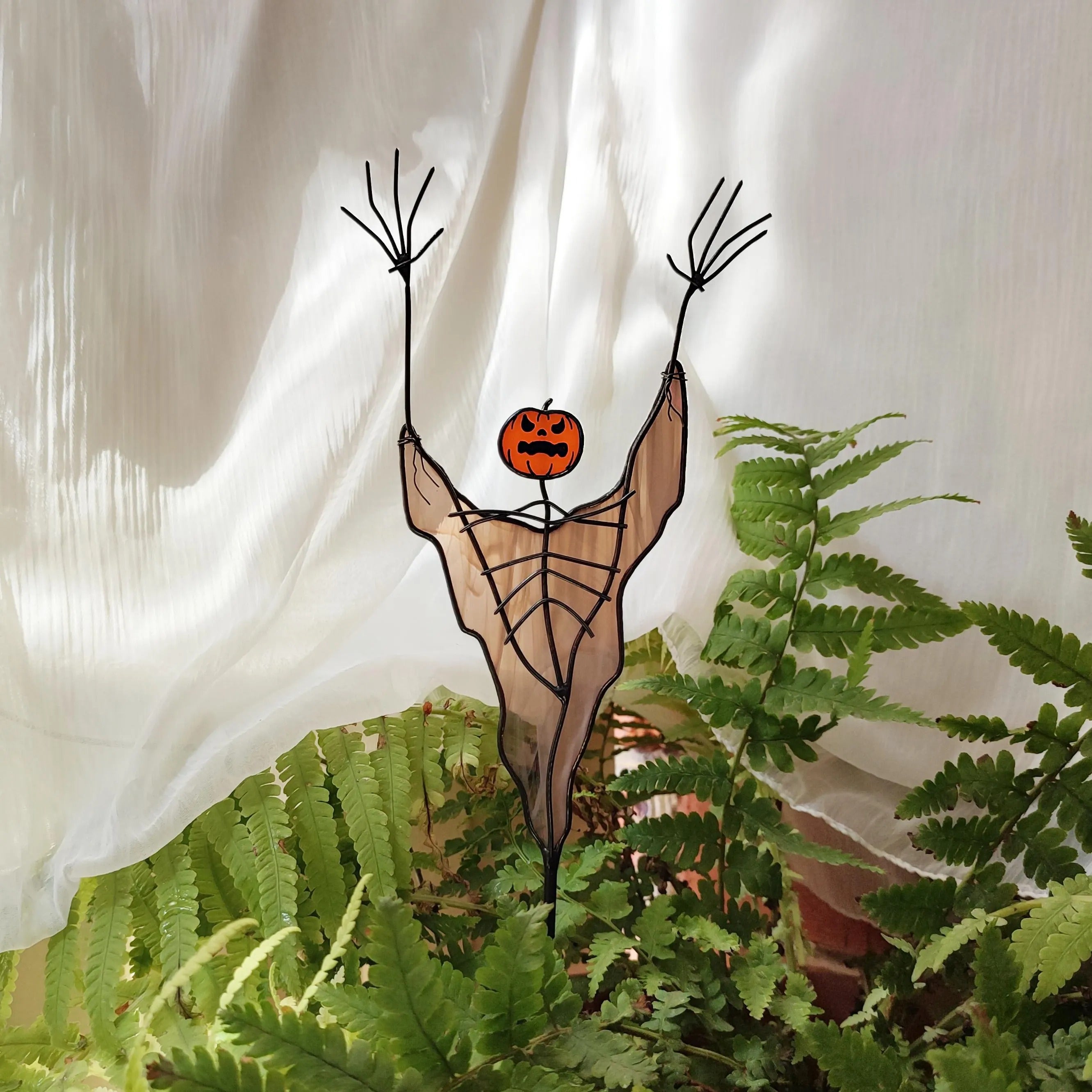 Stained Glass Scarecrow with Pumpkin Head Plant Stake Halloween Decor. Spooky Garden Decoration for Halloween Display. Unique Halloween Gift