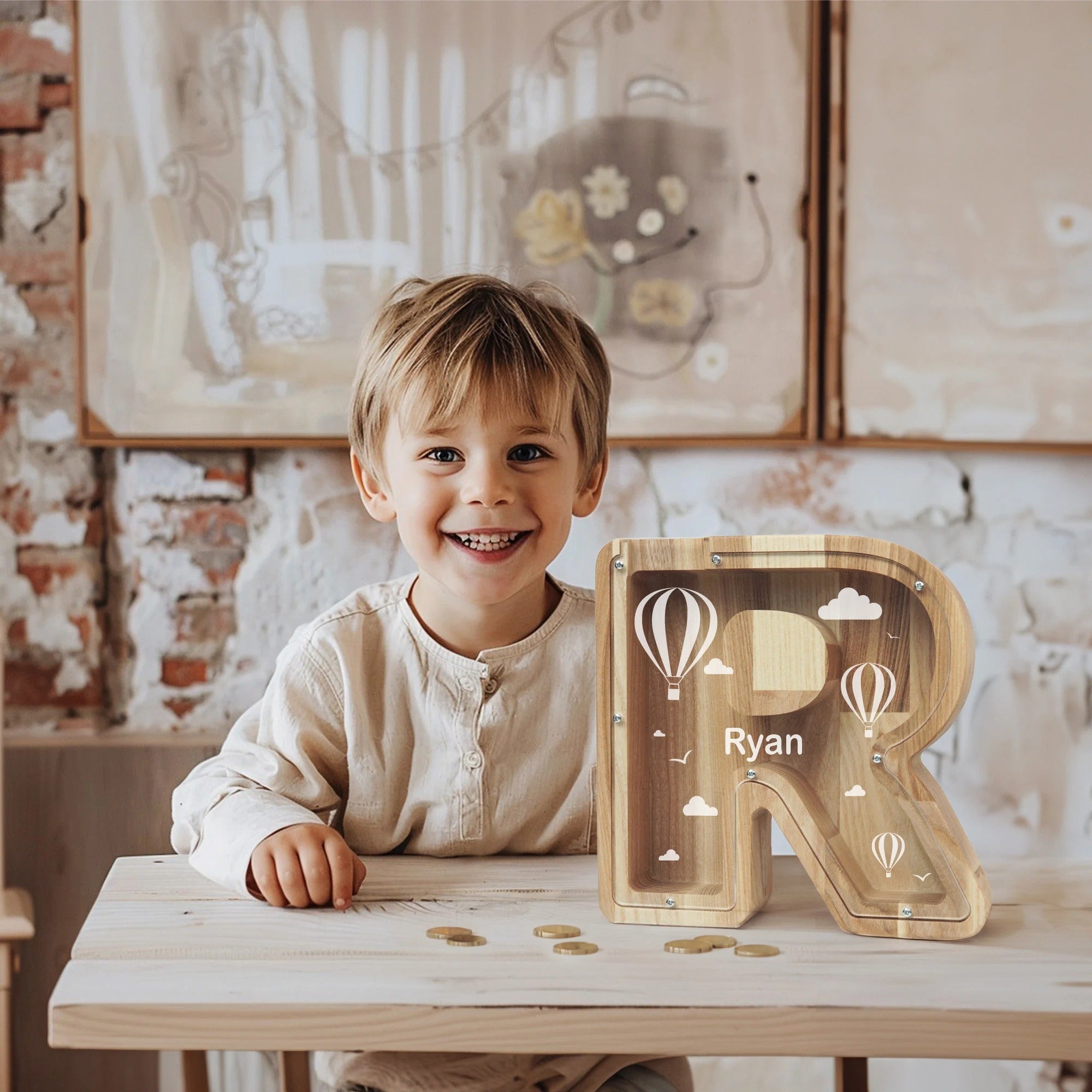 Personalized Letter Piggy Bank For Kids, Custom Money Box for Birthday Gift, Name Engraved Coin Jar, Cute Wooden Savings Holder For Toddler