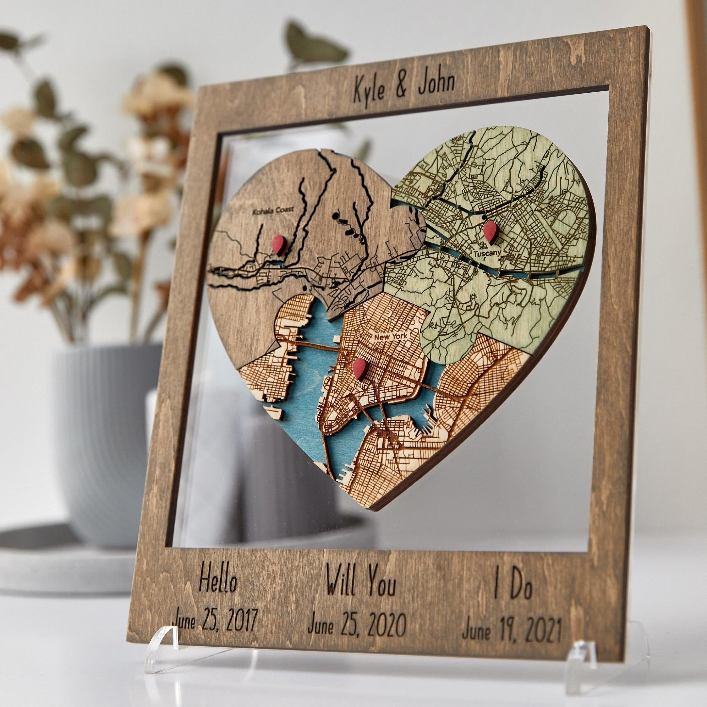 Met Engaged Married Wooden Map, Three Locations Heart Puzzle Map, Framed Wall Decor Gift, Personalized Wedding Anniversary Gift for Couple