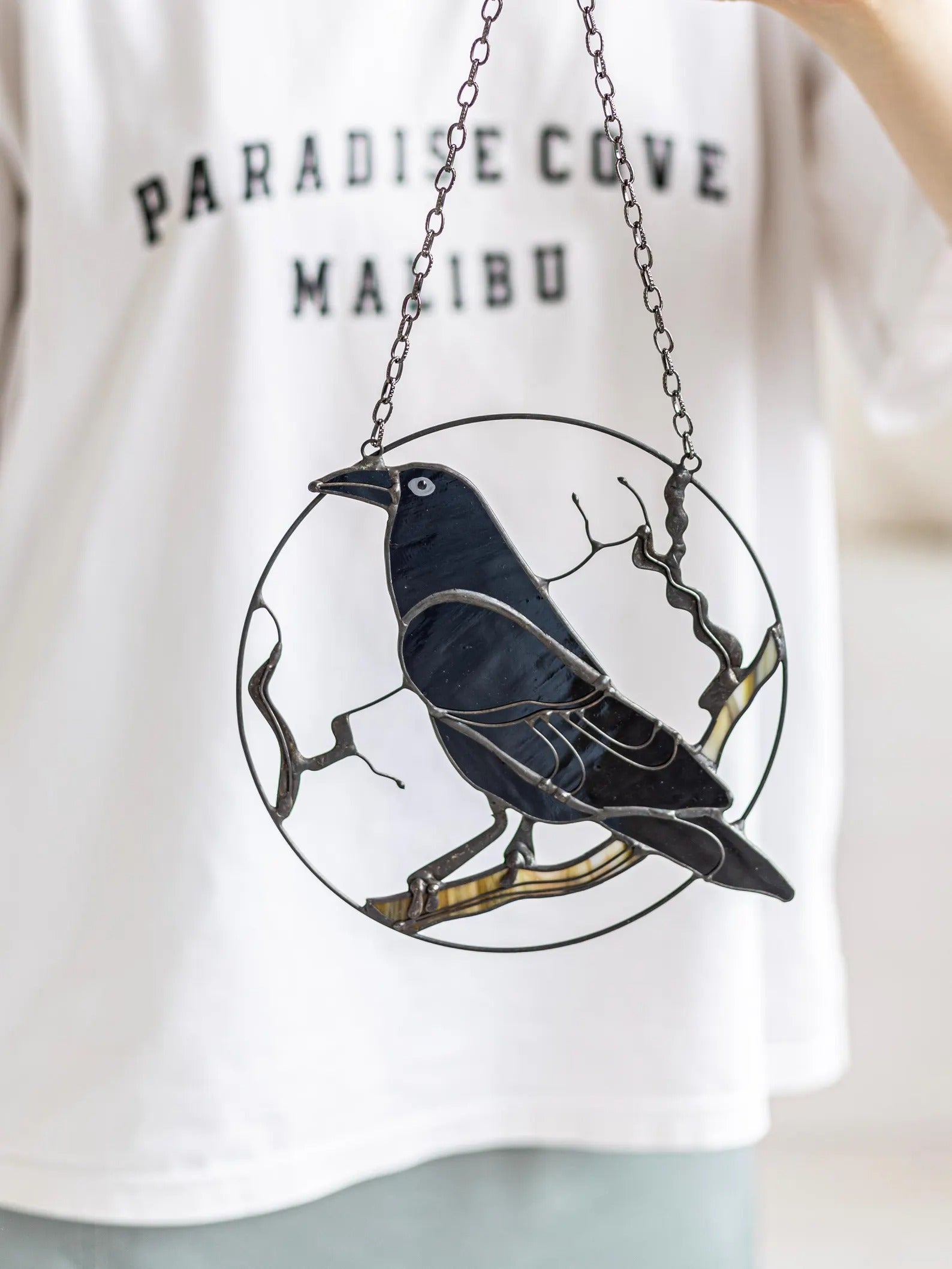 Stained Glass Black Raven Suncatcher: Gothic Window Hanging Art