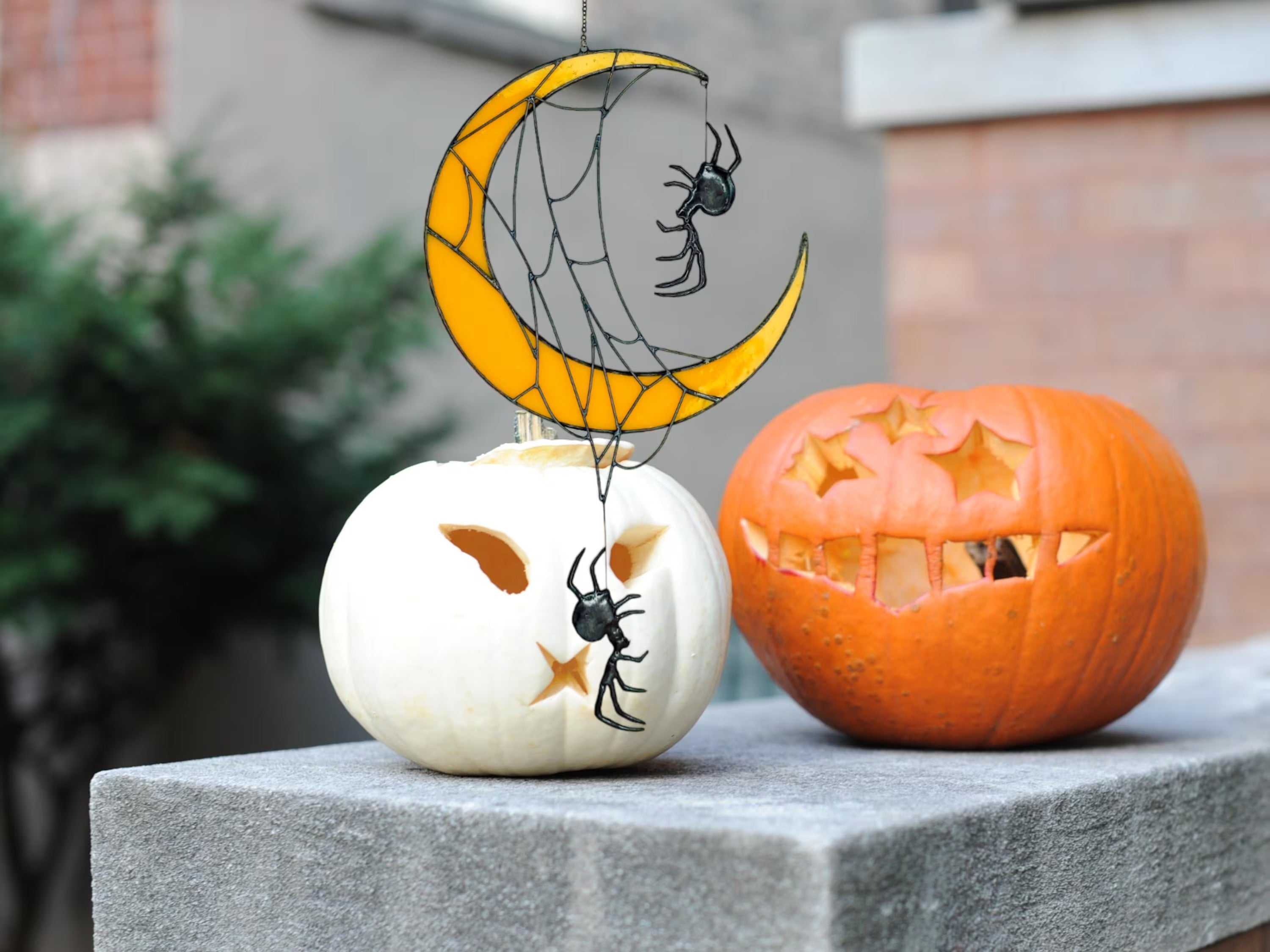 Crescent Moon Decor with Spiders. Unique Stained Glass Halloween Suncatcher for Witchy and Spooky Rooms. Crescent Moon Gift with Spider Web