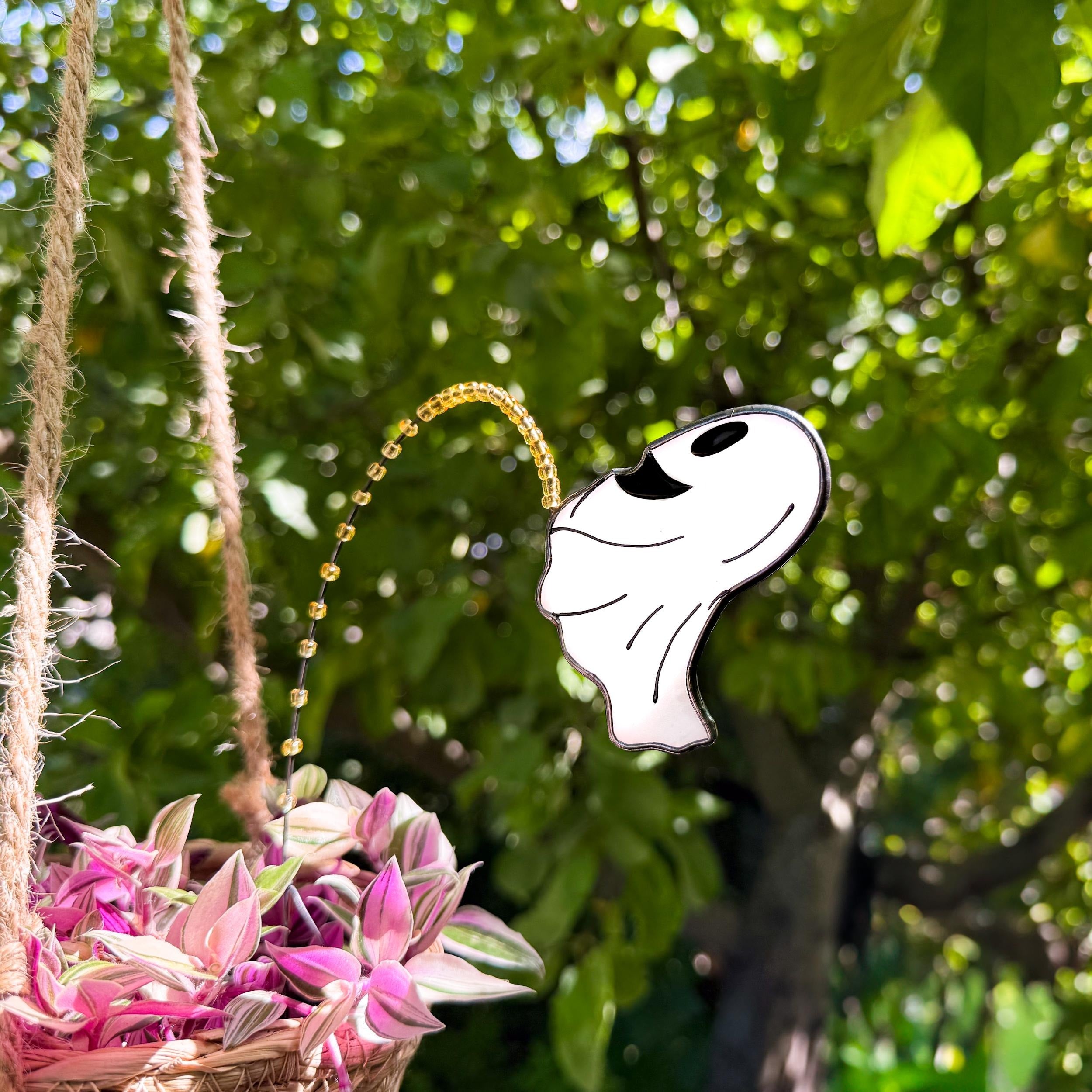 Whimsical Peeing Ghost Plant Stake. Handmade Stained Glass Halloween Decor for Indoor Plants, Gardens or Spooky Fall Gifts.